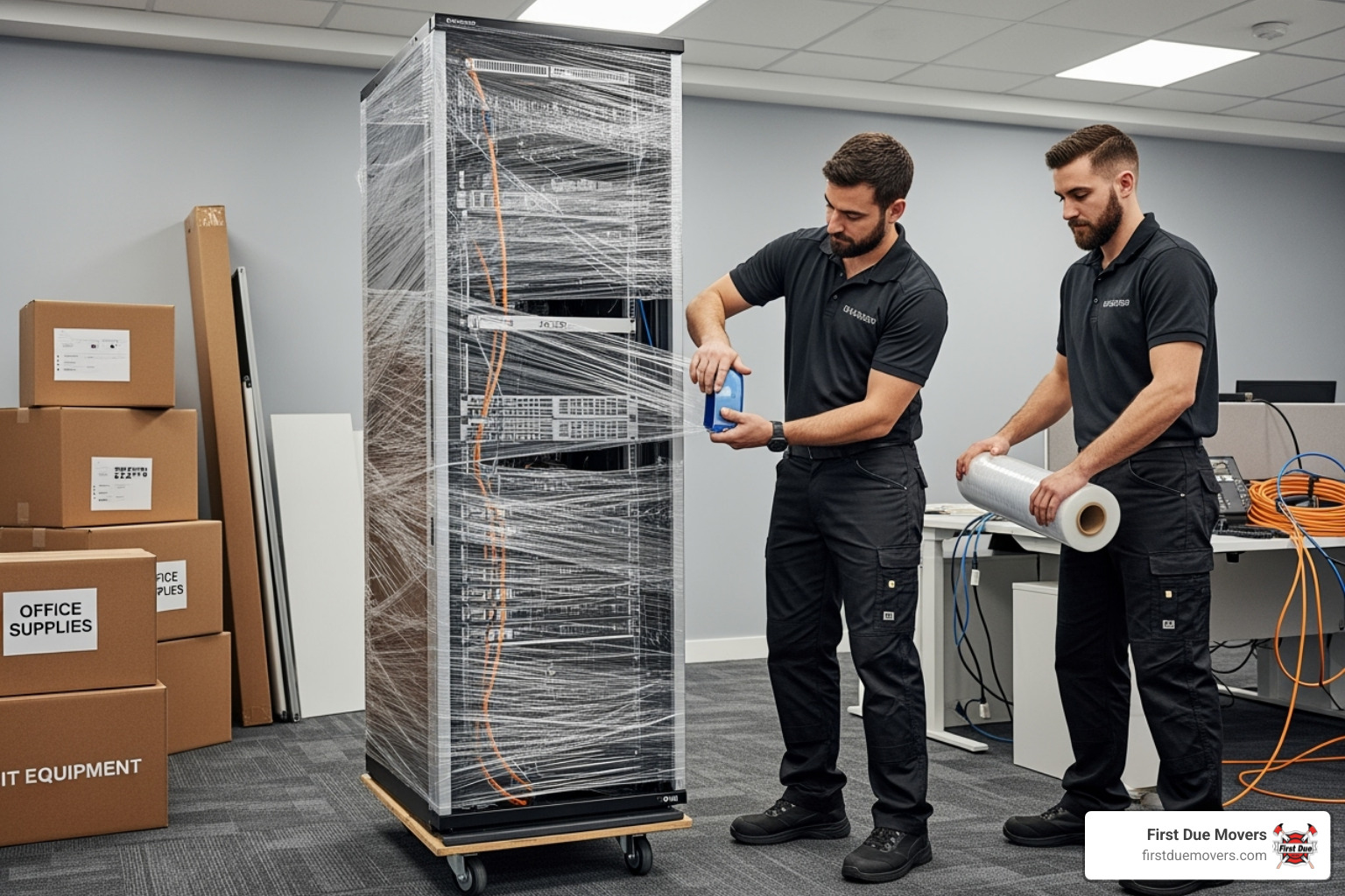 Movers carefully shrink-wrapping an office server rack - best commercial moving company in bellevue wa