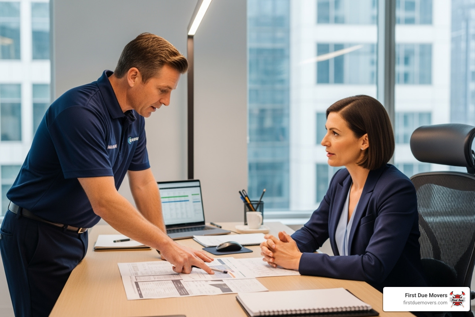 Moving team leader consulting with a business owner in an office - best commercial moving company in bellevue wa
