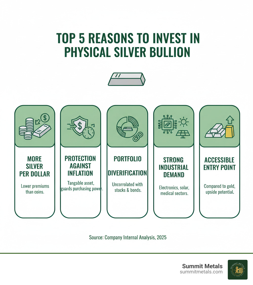 Infographic showing the top 5 reasons to invest in physical silver bullion: 1. Lower premiums than coins mean more silver per dollar; 2. Tangible asset that protects against inflation and currency erosion; 3. Portfolio diversification uncorrelated with stocks and bonds; 4. Strong industrial demand from electronics, solar, and medical sectors; 5. Accessible entry point compared to gold with significant upside potential - Purchase silver bars infographic Infographic showing the top 5 reasons to invest in physical silver bullion: 1. Lower premiums than coins mean more silver per dollar; 2. Tangible asset that protects against inflation and currency erosion; 3. Portfolio diversification uncorrelated with stocks and bonds; 4. Strong industrial demand from electronics, solar, and medical sectors; 5. Accessible entry point compared to gold with significant upside potential - Purchase silver bars infographic