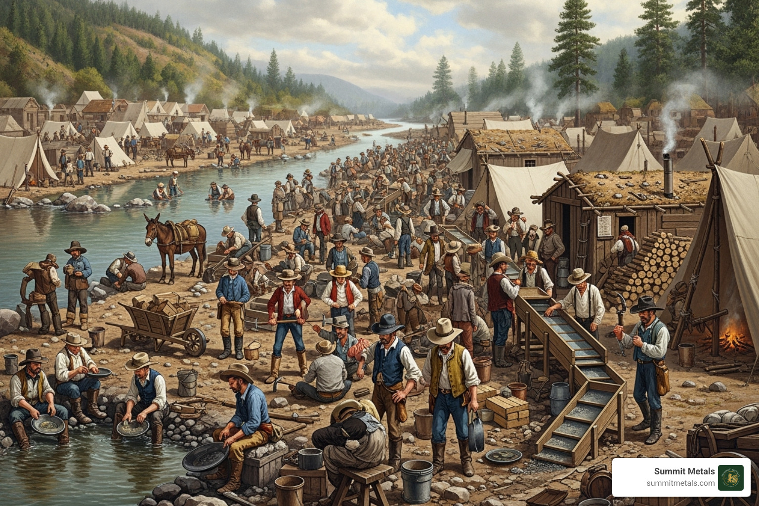 Crowded mining camp like Poverty Bar, California, 1859 - when was the american gold rush Crowded mining camp like Poverty Bar, California, 1859 - when was the american gold rush