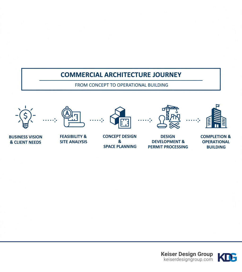 Infographic showing the commercial architecture journey: Starting with Business Vision and Client Needs Assessment, flowing through Feasibility and Site Analysis, then Concept Design and Space Planning, moving to Design Development and Permit Processing, continuing through Construction and Project Oversight, and ending with Completion and Operational Building - commercial architecture services infographic Infographic showing the commercial architecture journey: Starting with Business Vision and Client Needs Assessment, flowing through Feasibility and Site Analysis, then Concept Design and Space Planning, moving to Design Development and Permit Processing, continuing through Construction and Project Oversight, and ending with Completion and Operational Building - commercial architecture services infographic