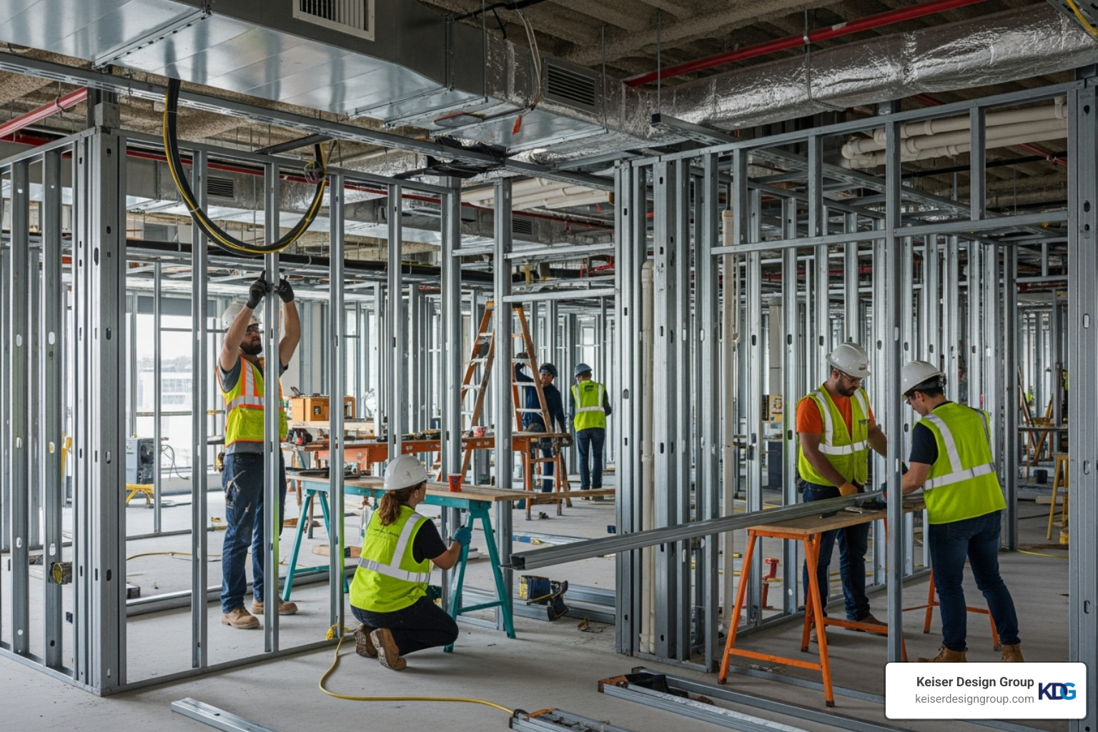 A commercial space undergoing renovation with framing and MEP installation visible - renovating a commercial building