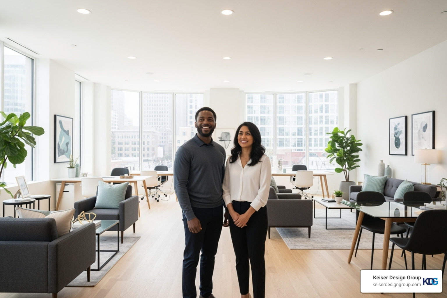 Happy business owners in their newly renovated commercial space - renovating a commercial building