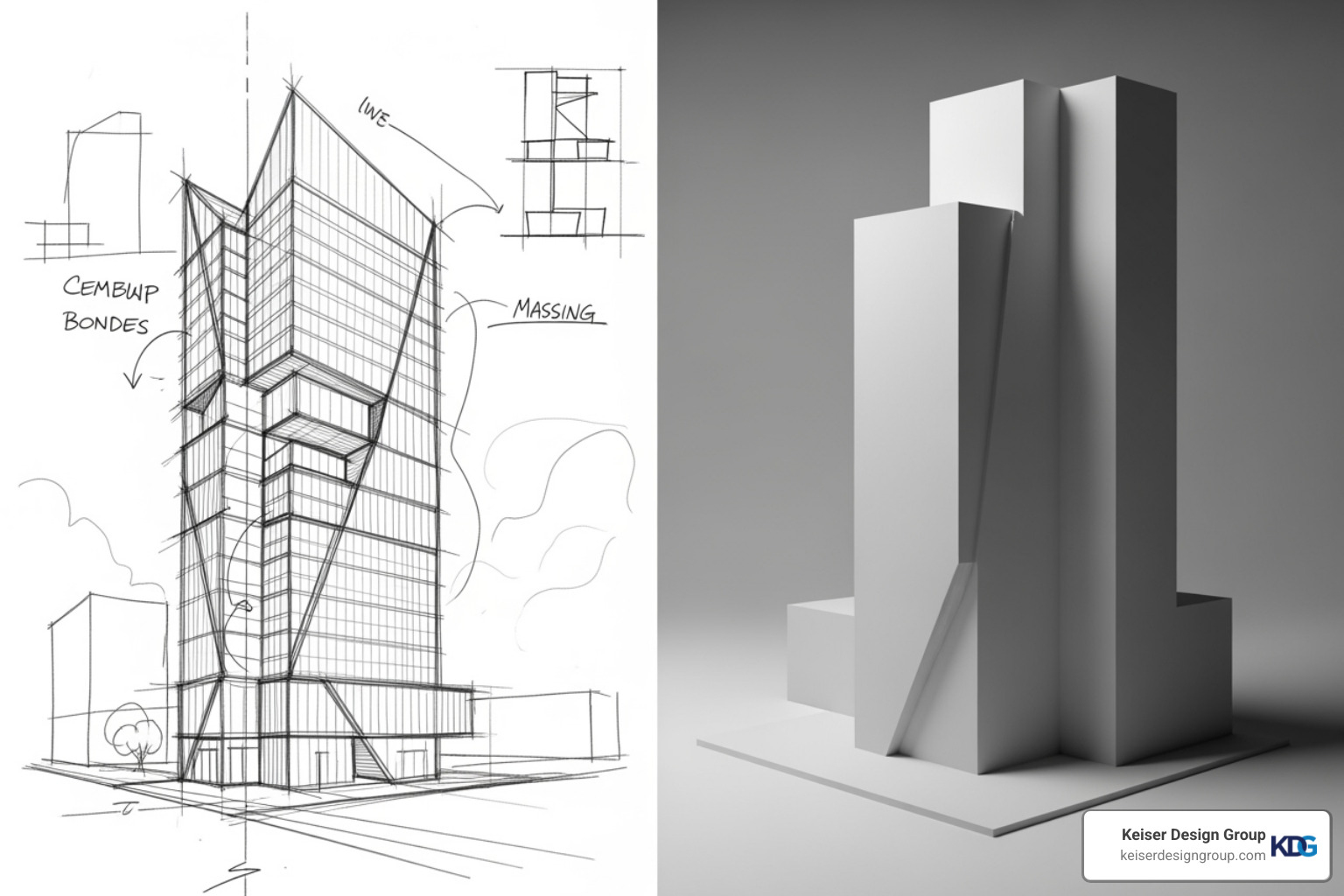Initial concept sketches and a simple 3D massing model - commercial architecture services Initial concept sketches and a simple 3D massing model - commercial architecture services