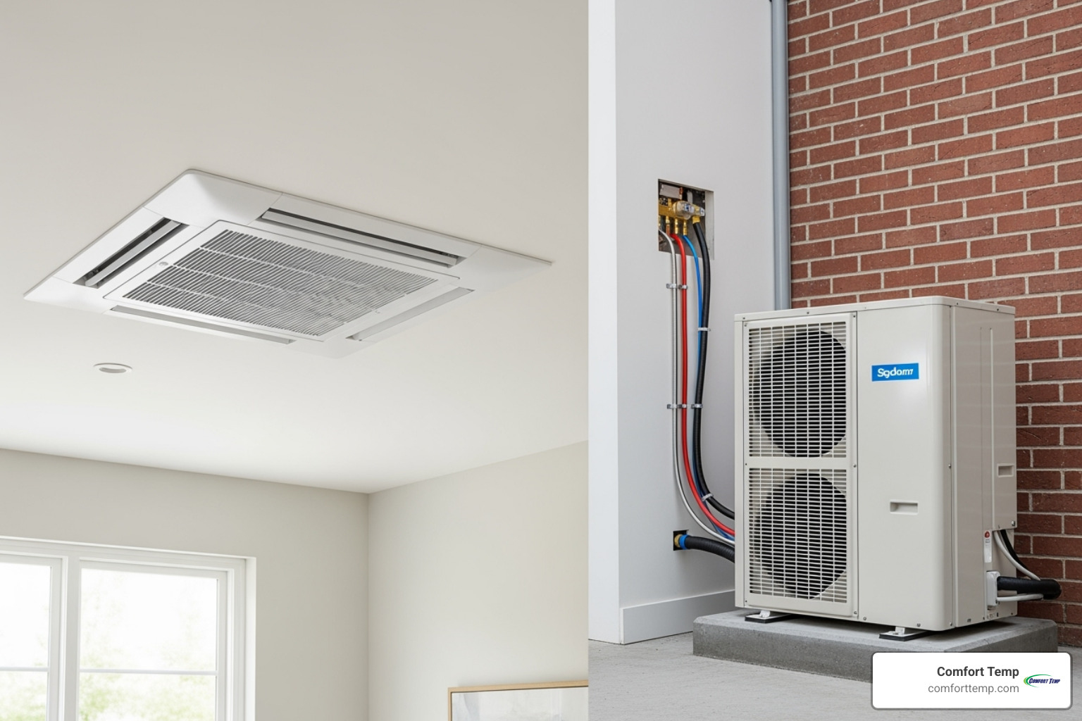 Image showing the main components of a mini split system: an indoor cassette unit recessed into a ceiling, an outdoor condenser unit on a concrete pad, and the connecting line set (refrigerant lines, drain line, and electrical wire) running between them. - mini split cassette installation Image showing the main components of a mini split system: an indoor cassette unit recessed into a ceiling, an outdoor condenser unit on a concrete pad, and the connecting line set (refrigerant lines, drain line, and electrical wire) running between them. - mini split cassette installation