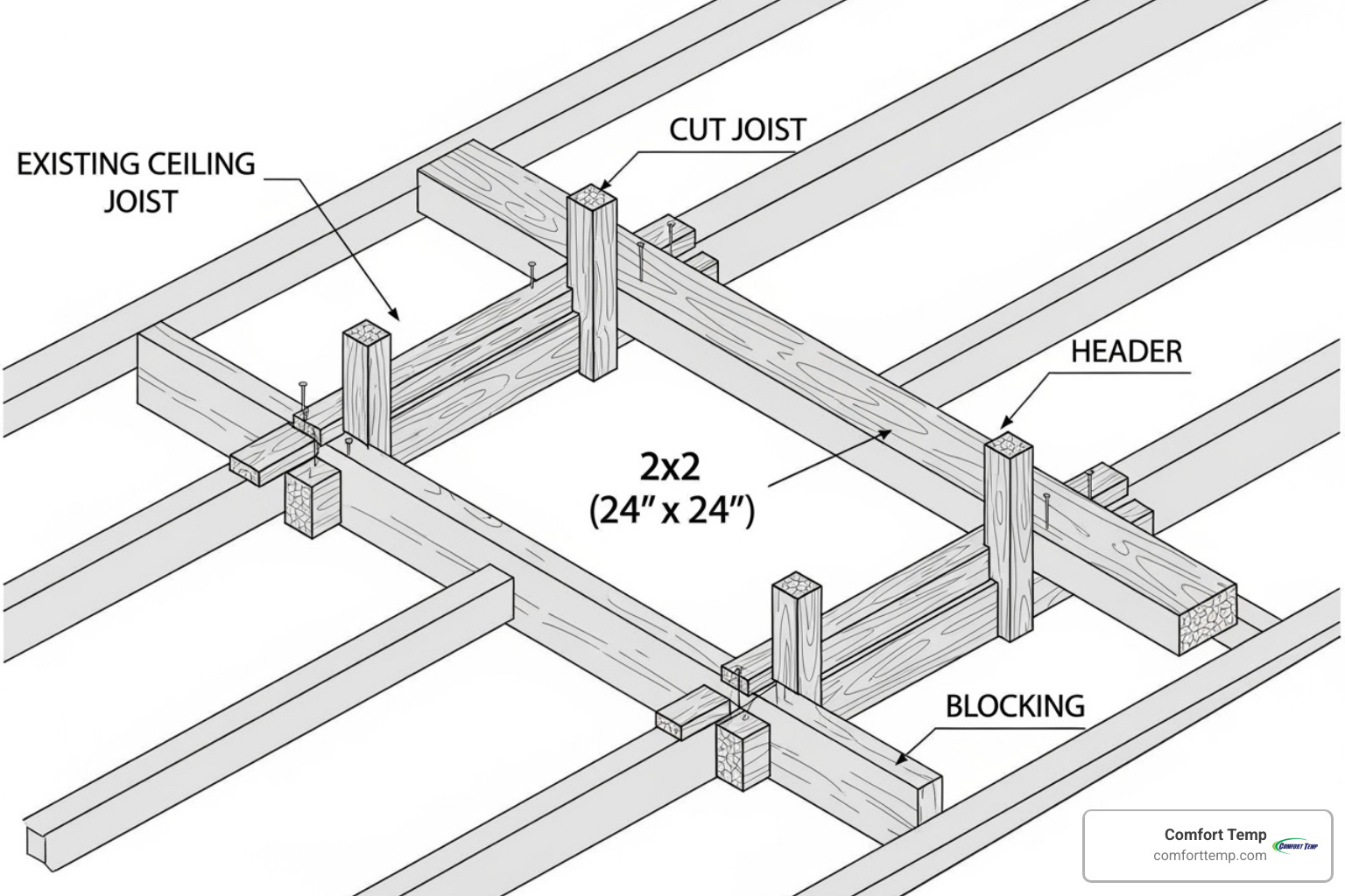 Illustration showing how to frame a box for a 2x2 ceiling cassette unit between existing ceiling joists, highlighting cut joists and new header/blocking for structural support. - mini split cassette installation Illustration showing how to frame a box for a 2x2 ceiling cassette unit between existing ceiling joists, highlighting cut joists and new header/blocking for structural support. - mini split cassette installation