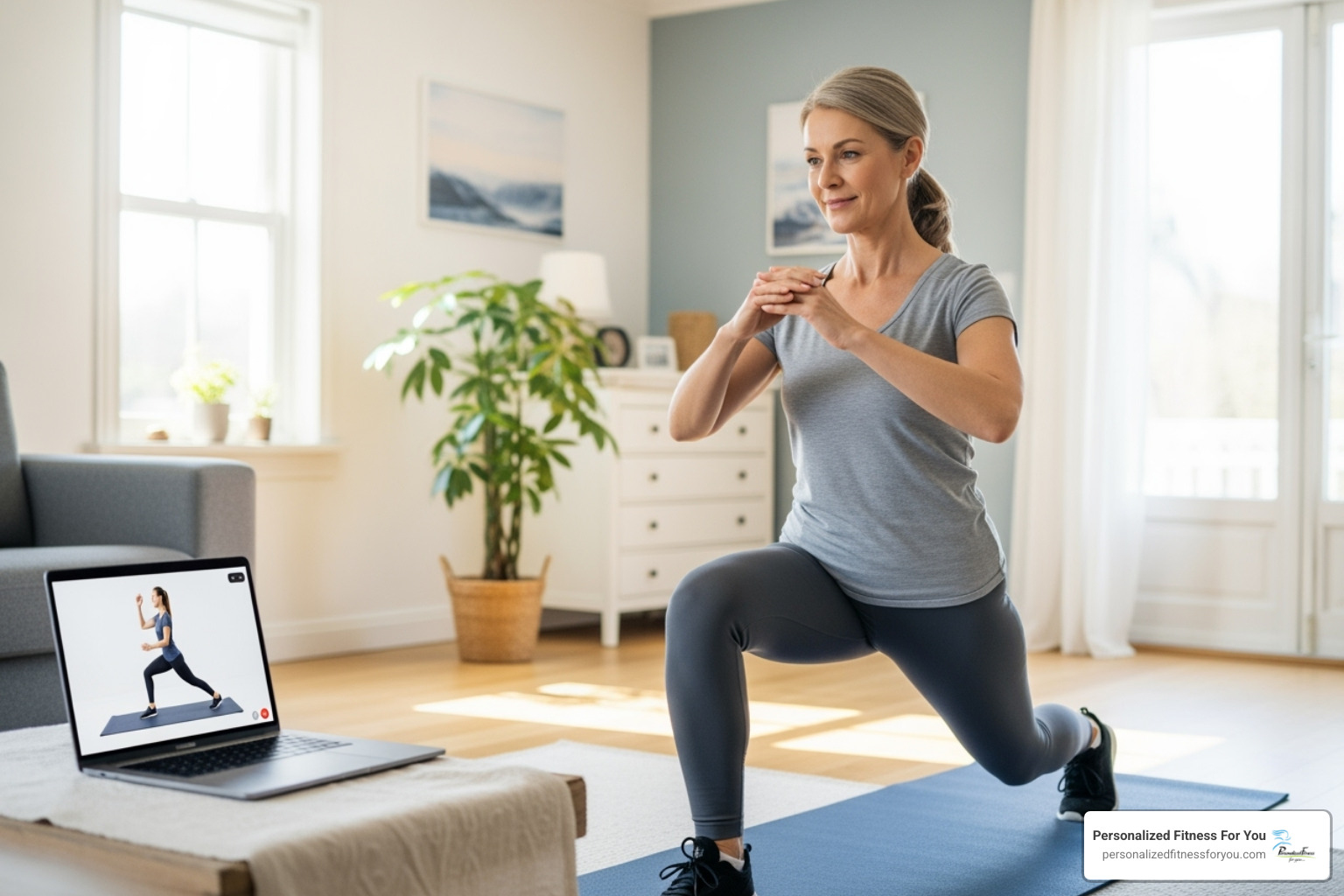 woman participating in a virtual training session on a laptop at home - personal fitness instructor woman participating in a virtual training session on a laptop at home - personal fitness instructor