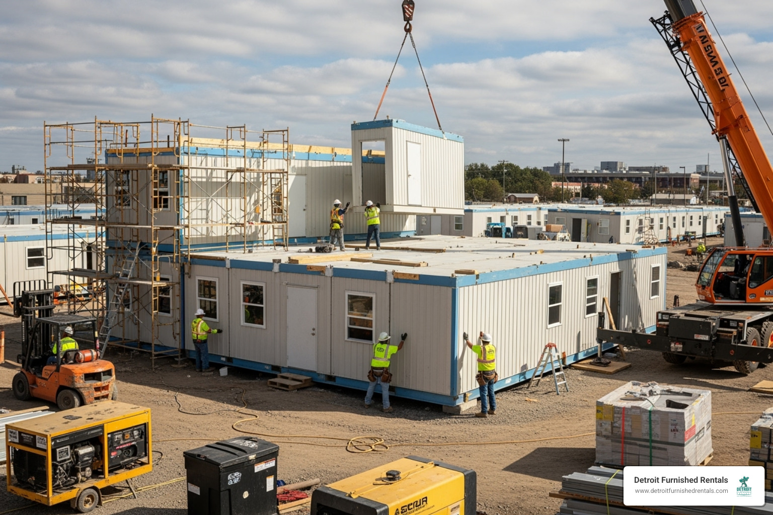 temporary housing unit being set up - houses temporarily