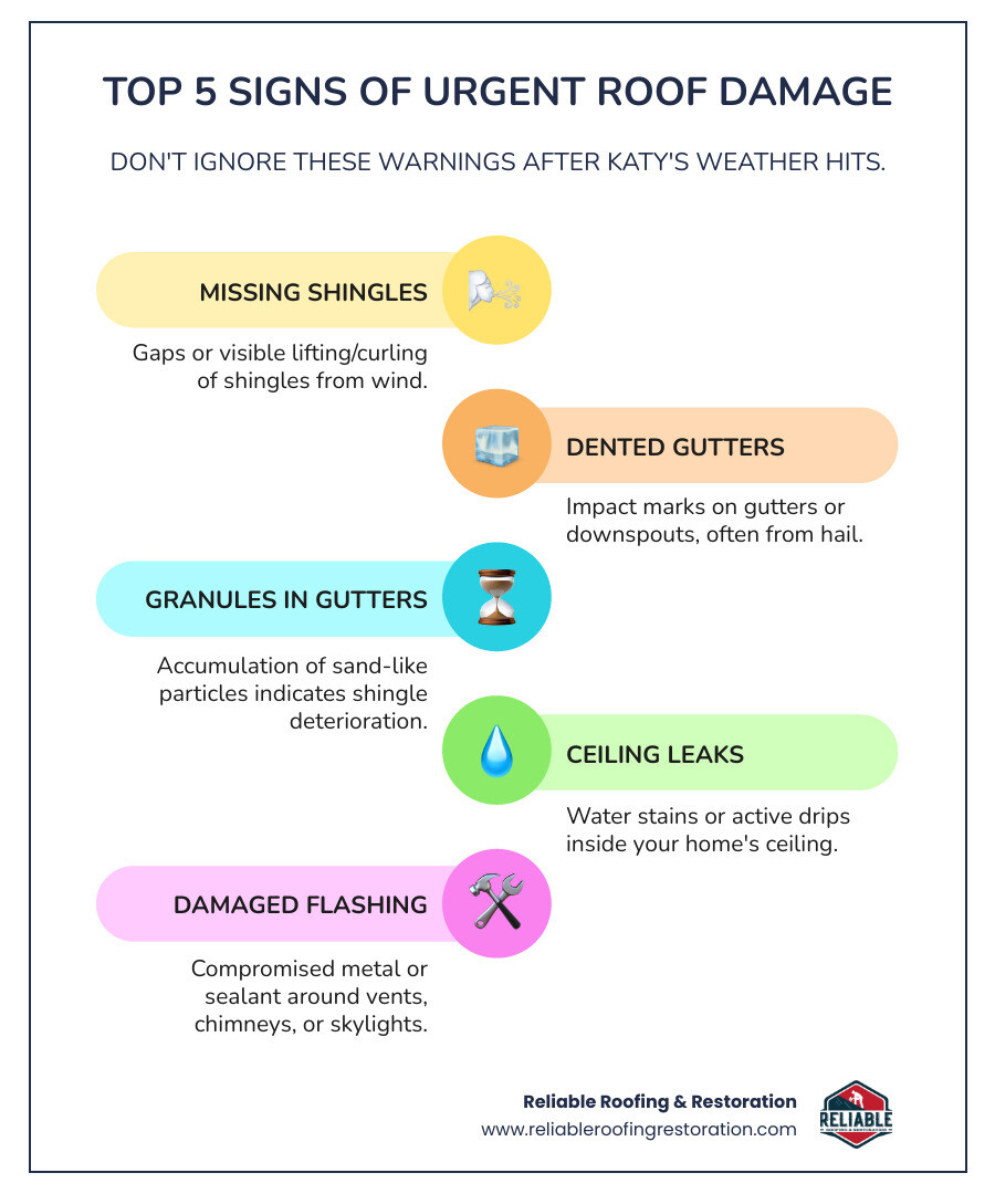 infographic showing the top 5 signs you need emergency roof repair: 1. Missing or damaged shingles visible from ground level, 2. Dented gutters or downspouts from hail impact, 3. Granules collecting in gutters indicating shingle deterioration, 4. Water stains or discoloration on interior ceilings, 5. Damaged or missing flashing around vents and chimneys - Emergency roof repair Katy infographic infographic-line-5-steps-colors