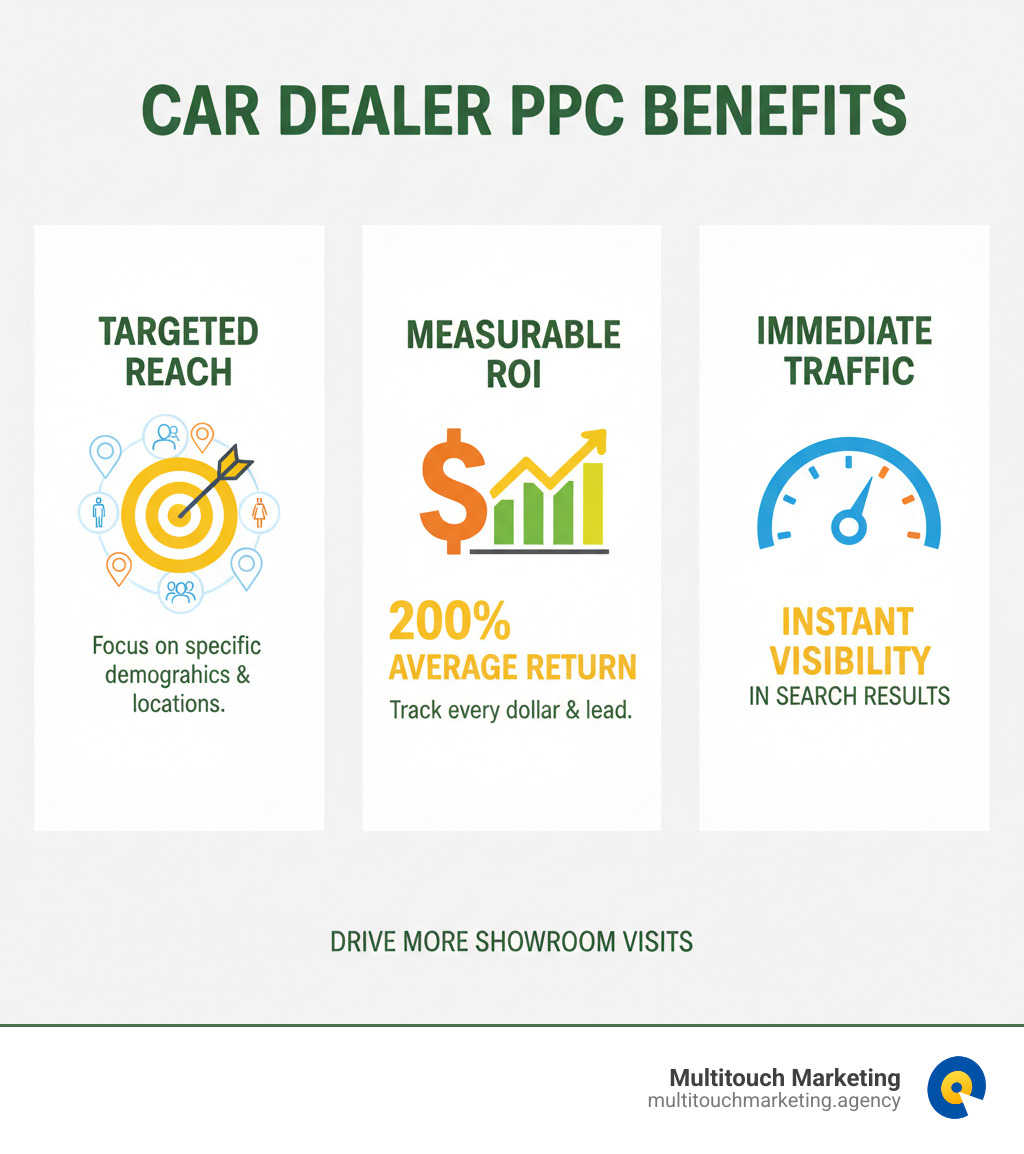 Infographic showing three main benefits of car dealer PPC: Targeted Reach with icon of bullseye hitting specific demographics and locations, Measurable ROI with icon of dollar sign and upward trending graph showing 200 percent average return, and Immediate Traffic with icon of speedometer pointing to high numbers representing instant visibility in search results - car dealer ppc infographic 
