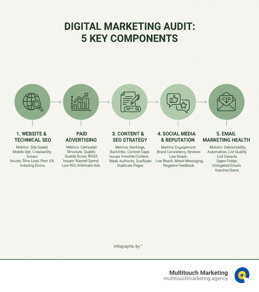Infographic showing the five key components of a digital marketing audit: 1) Website and Technical SEO (site speed, mobile optimization, crawlability), 2) Paid Advertising Performance (campaign structure, Quality Score, ROAS), 3) Content and SEO Strategy (rankings, backlinks, content gaps), 4) Social Media and Reputation (engagement, brand consistency, reviews), and 5) Email Marketing Health (deliverability, automation, list quality). Each component includes main metrics to track and common issues to identify. - Digital marketing audit infographic 