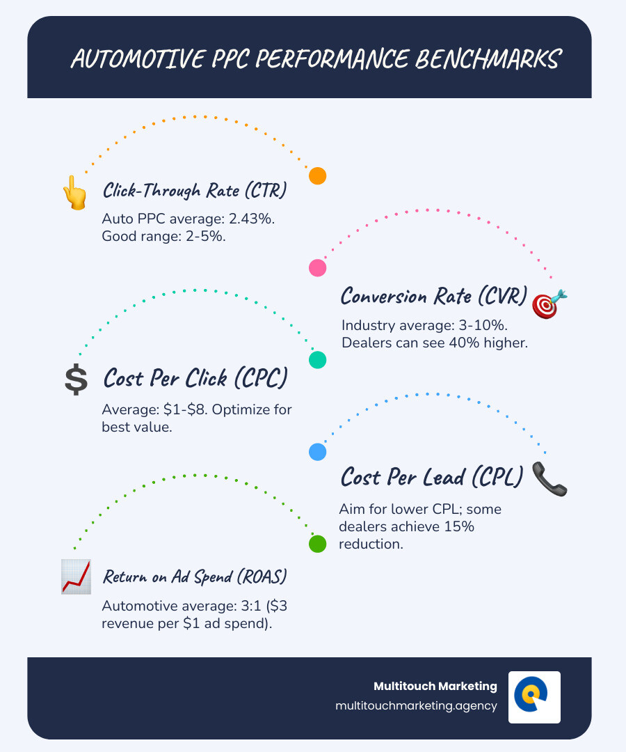 Table comparing key PPC metrics and automotive industry benchmarks - car dealer ppc infographic infographic-line-5-steps-blues-accent_colors