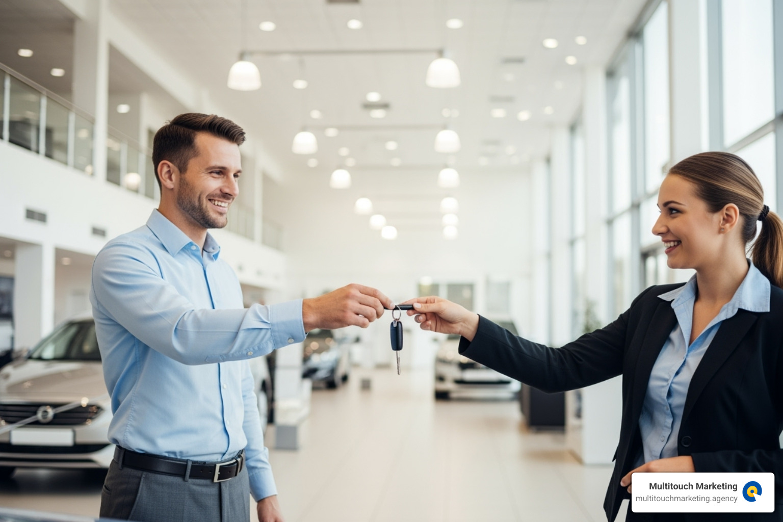 happy customer receiving keys at a dealership - car dealer ppc