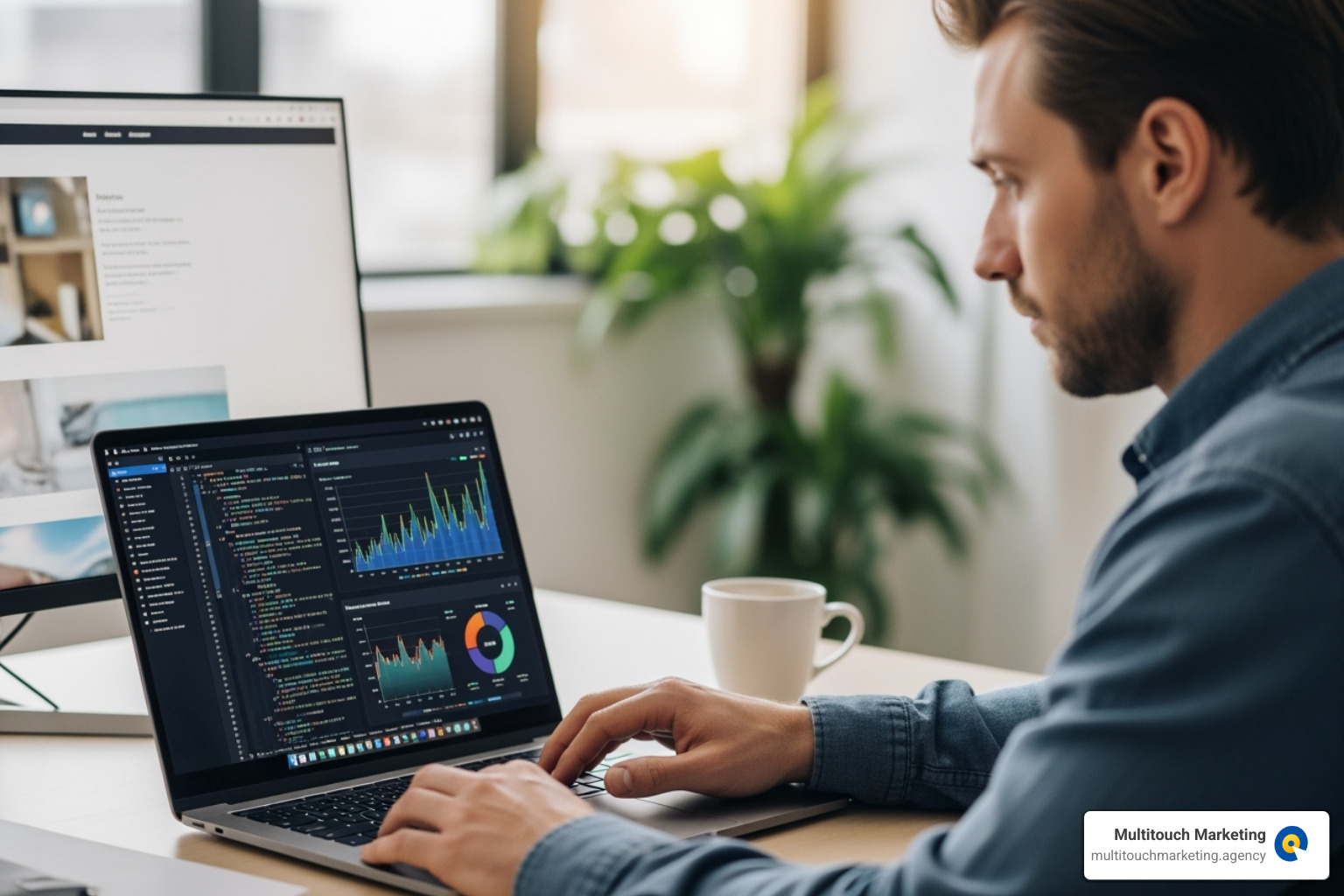 professional webmaster working on a laptop, showing performance graphs and code - Small business webmaster professional webmaster working on a laptop, showing performance graphs and code - Small business webmaster