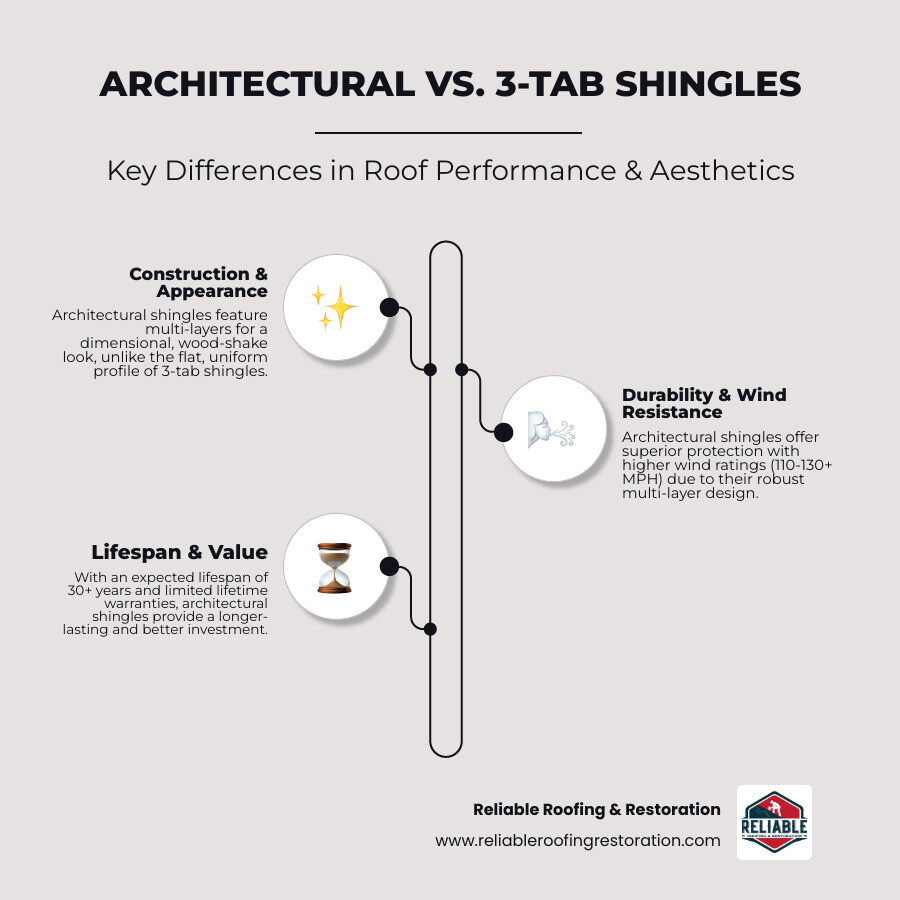 infographic comparing the multi-layer construction of architectural shingles versus the flat profile of 3-tab shingles, highlighting wind resistance ratings, lifespan expectations, and dimensional appearance - best 30 year architectural shingles infographic infographic-line-3-steps-elegant_beige infographic comparing the multi-layer construction of architectural shingles versus the flat profile of 3-tab shingles, highlighting wind resistance ratings, lifespan expectations, and dimensional appearance - best 30 year architectural shingles infographic infographic-line-3-steps-elegant_beige