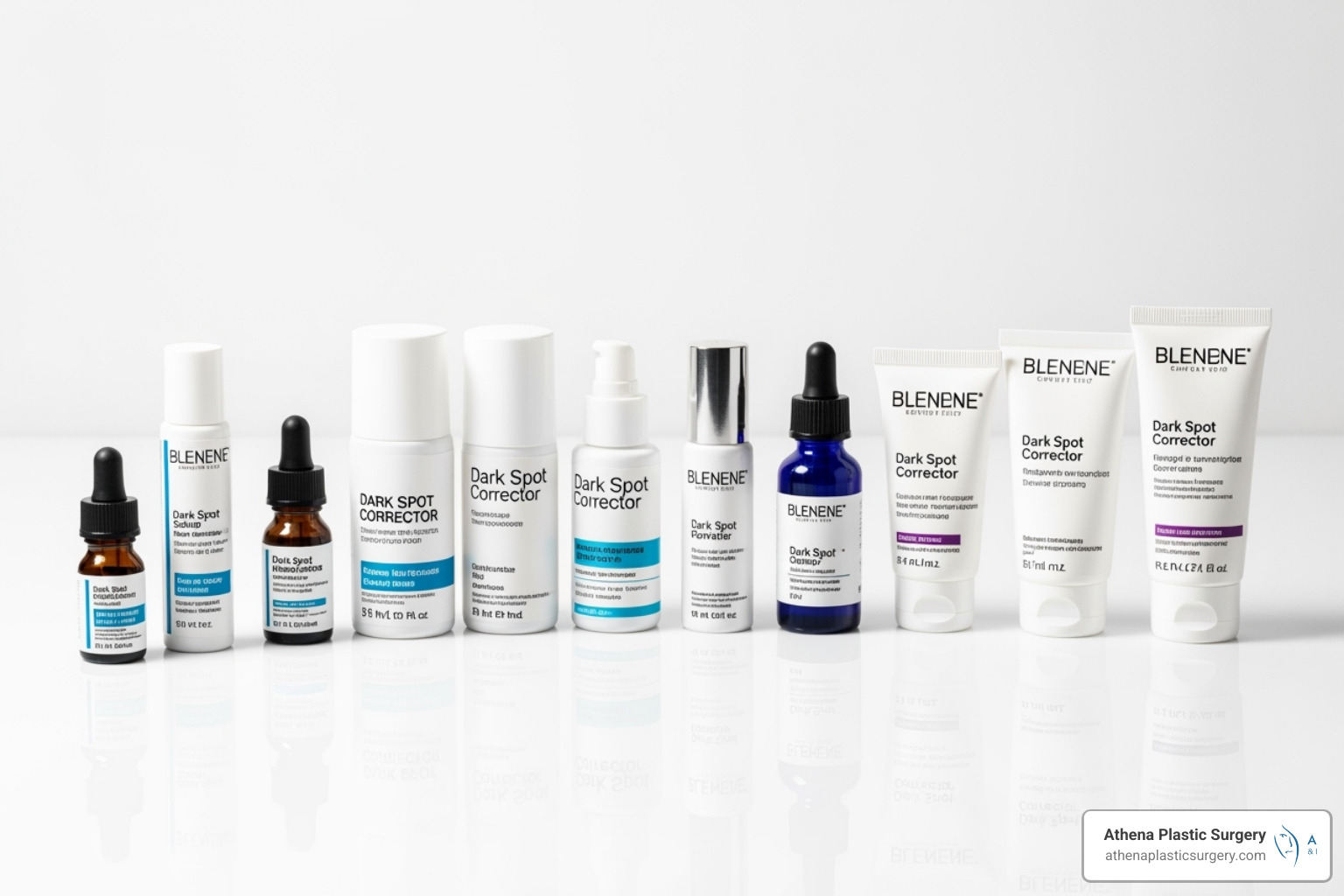 several dark spot corrector bottles and tubes arranged on a clean, bright surface - dark spot correcting cream
