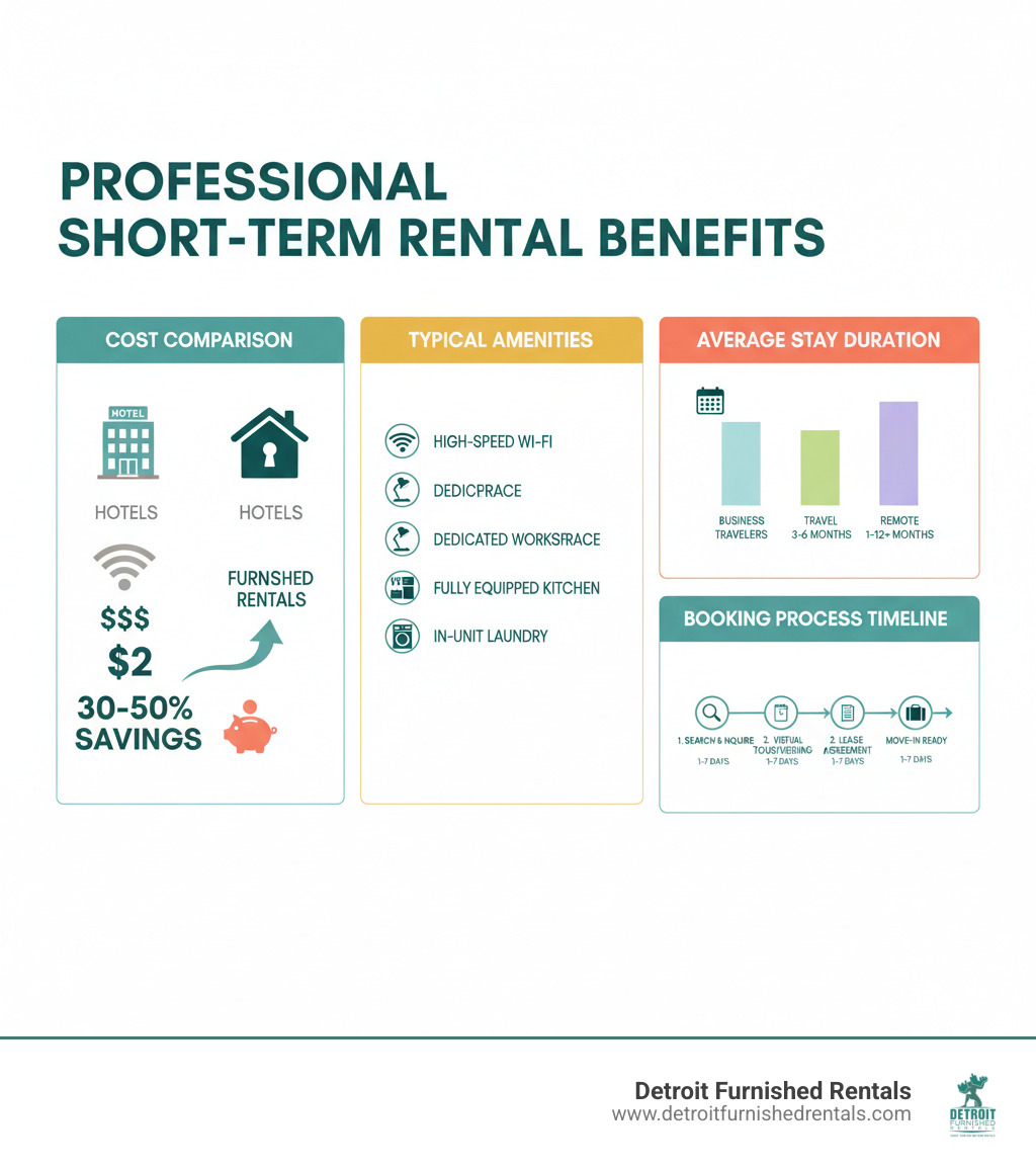 infographic showing professional short-term rental benefits including cost comparison between hotels and furnished rentals, typical amenities checklist, average stay durations for different professional categories, and booking process timeline - Short term rentals for professionals infographic 