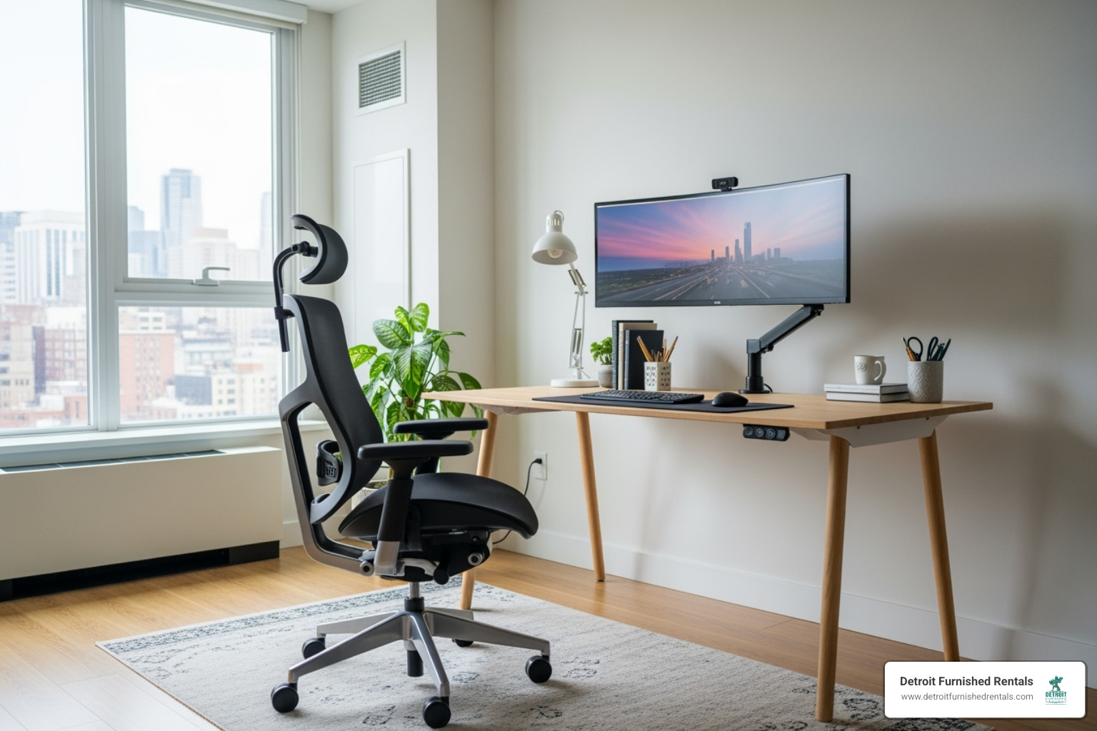ergonomic home office setup in a modern apartment - Short term rentals for professionals