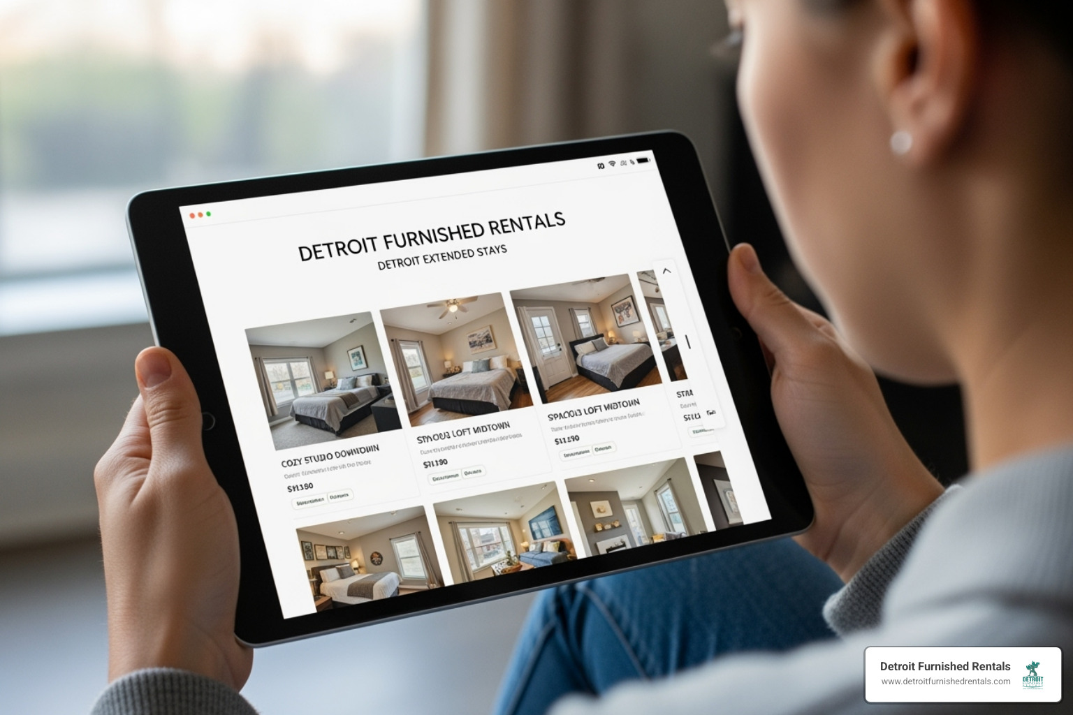 user browsing Detroit Furnished Rentals website on a tablet - Short term rentals for professionals