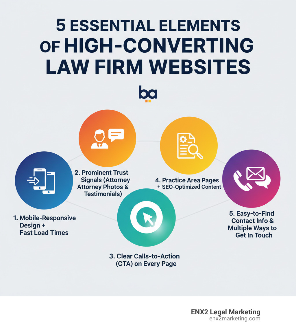 Infographic showing 5 essential elements of high-converting law firm websites: 1. Mobile-responsive design with fast load times, 2. Prominent trust signals including real attorney photos and client testimonials, 3. Clear calls-to-action on every page, 4. Practice area pages with SEO-optimized content, 5. Easy-to-find contact information and multiple ways to get in touch - lawyer website examples infographic 