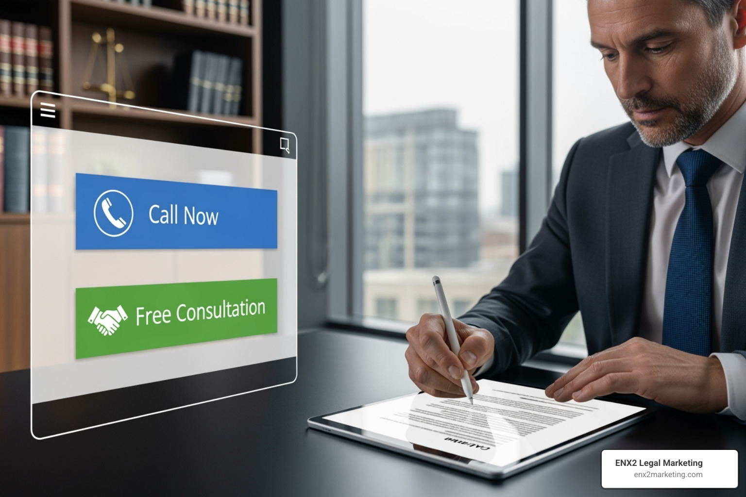 Lawyer writing on a tablet, with contact options on the side. - lawyer website examples