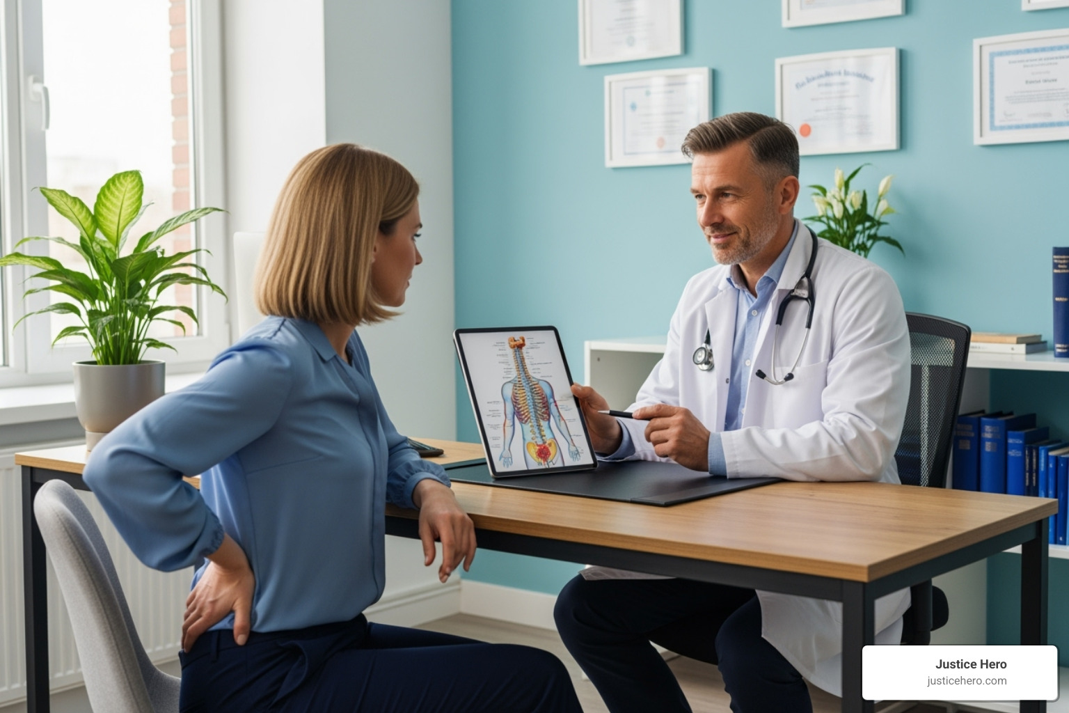 doctor consulting with a patient about back pain - Pain after sitting doctor consulting with a patient about back pain - Pain after sitting