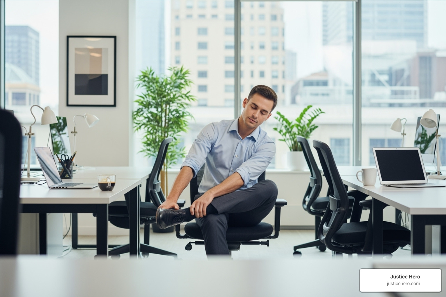 person doing a simple office stretch like a seated piriformis stretch - Pain after sitting person doing a simple office stretch like a seated piriformis stretch - Pain after sitting