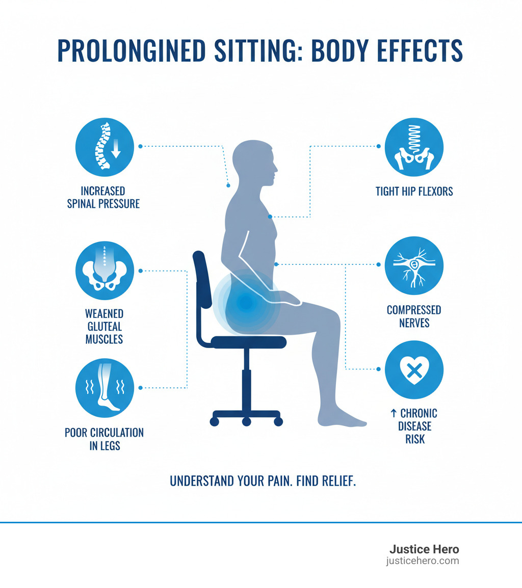 infographic showing effects of prolonged sitting on the body including increased spinal pressure, weakened gluteal muscles, poor circulation in legs, tight hip flexors, compressed nerves, and increased risk of chronic diseases - Pain after sitting infographic infographic showing effects of prolonged sitting on the body including increased spinal pressure, weakened gluteal muscles, poor circulation in legs, tight hip flexors, compressed nerves, and increased risk of chronic diseases - Pain after sitting infographic