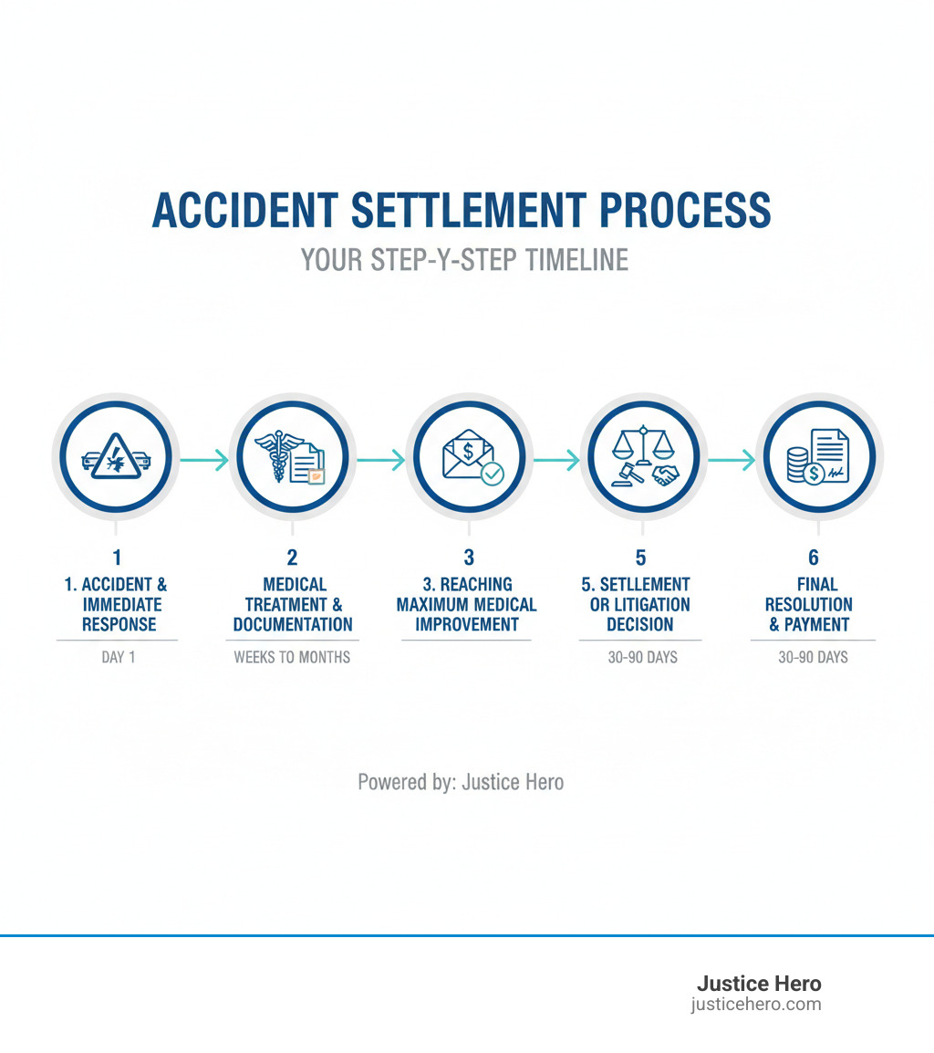 Step-by-step infographic showing the accident settlement process timeline: 1) Accident & Immediate Response (Day 1), 2) Medical Treatment & Documentation (Weeks to Months), 3) Reaching Maximum Medical Improvement, 4) Demand Letter & Negotiation (30-90 days), 5) Settlement or Litigation Decision, 6) Final Resolution & Payment - accident settlement process infographic 