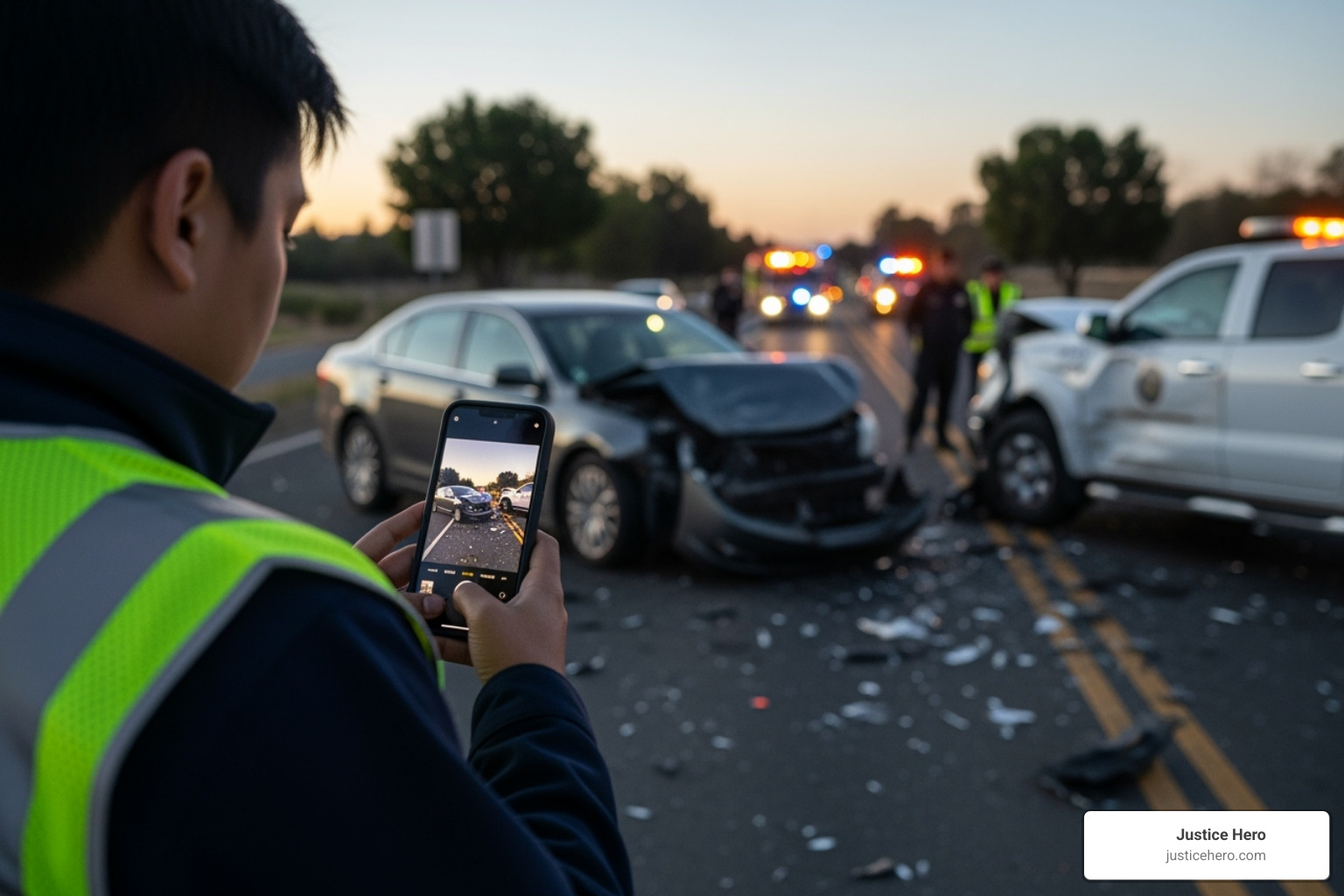 person using phone to take pictures of vehicle damage at an accident scene - accident settlement process