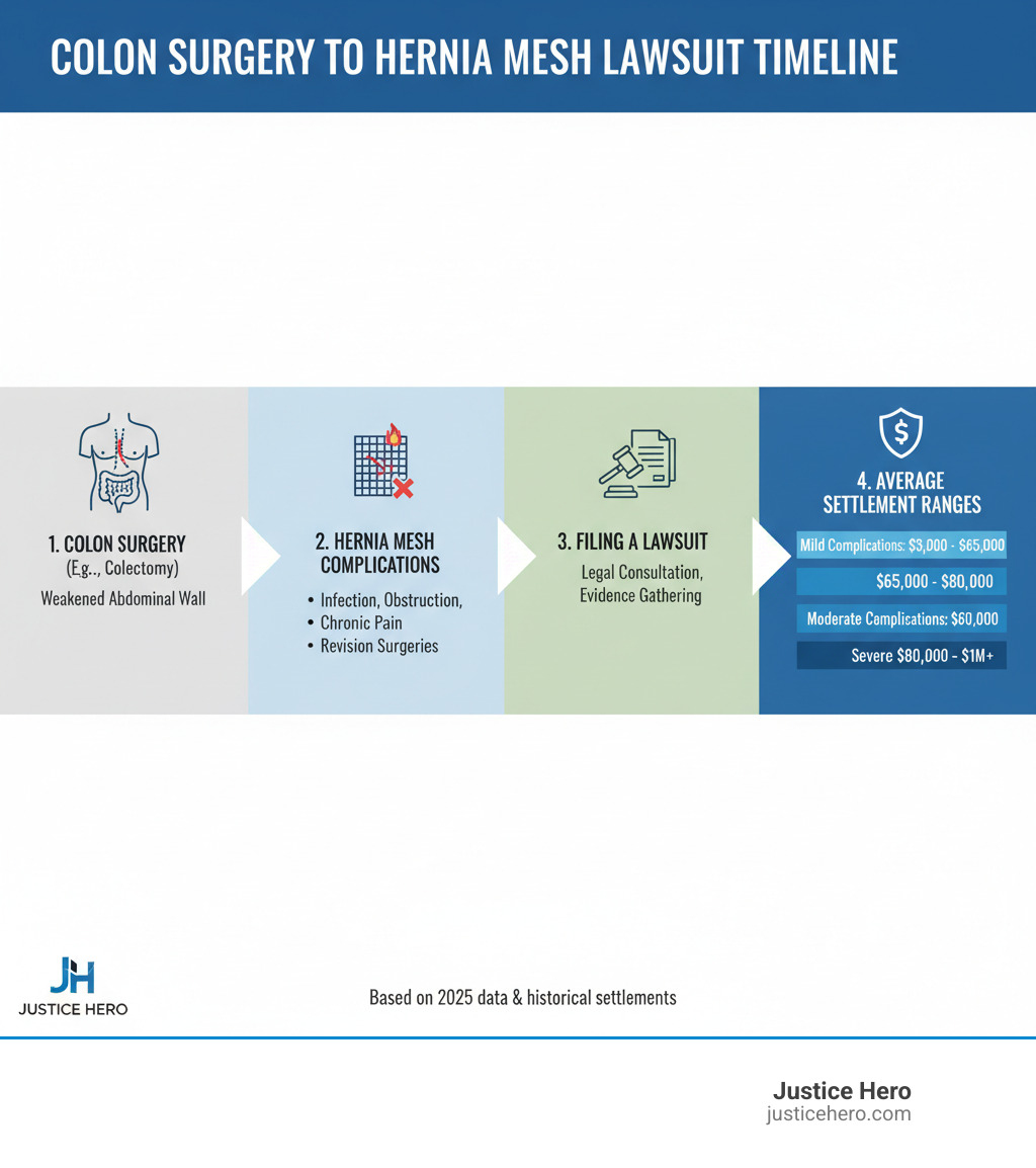 infographic showing the timeline from colon surgery to hernia mesh complications to filing a lawsuit, with average settlement ranges at each severity level - average settlement for hernia mesh lawsuit after colon surgery infographic 
