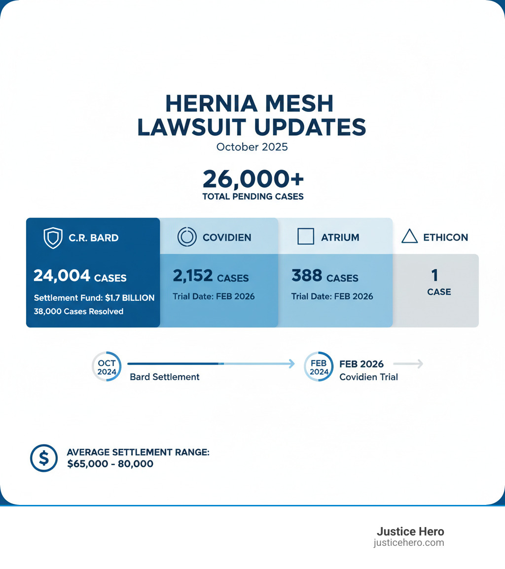 Infographic showing hernia mesh lawsuit statistics: 26,000 total pending cases across four MDLs, with C.R. Bard leading at 24,004 cases, Covidien at 2,152 cases, Atrium at 388 cases, and Ethicon at 1 case. Chart includes manufacturer logos, settlement amounts including Bard's $1.7 billion fund and average settlement range of $65,000-$80,000, plus timeline showing Covidien's February 2026 trial date - hernia mesh lawsuit updates infographic 