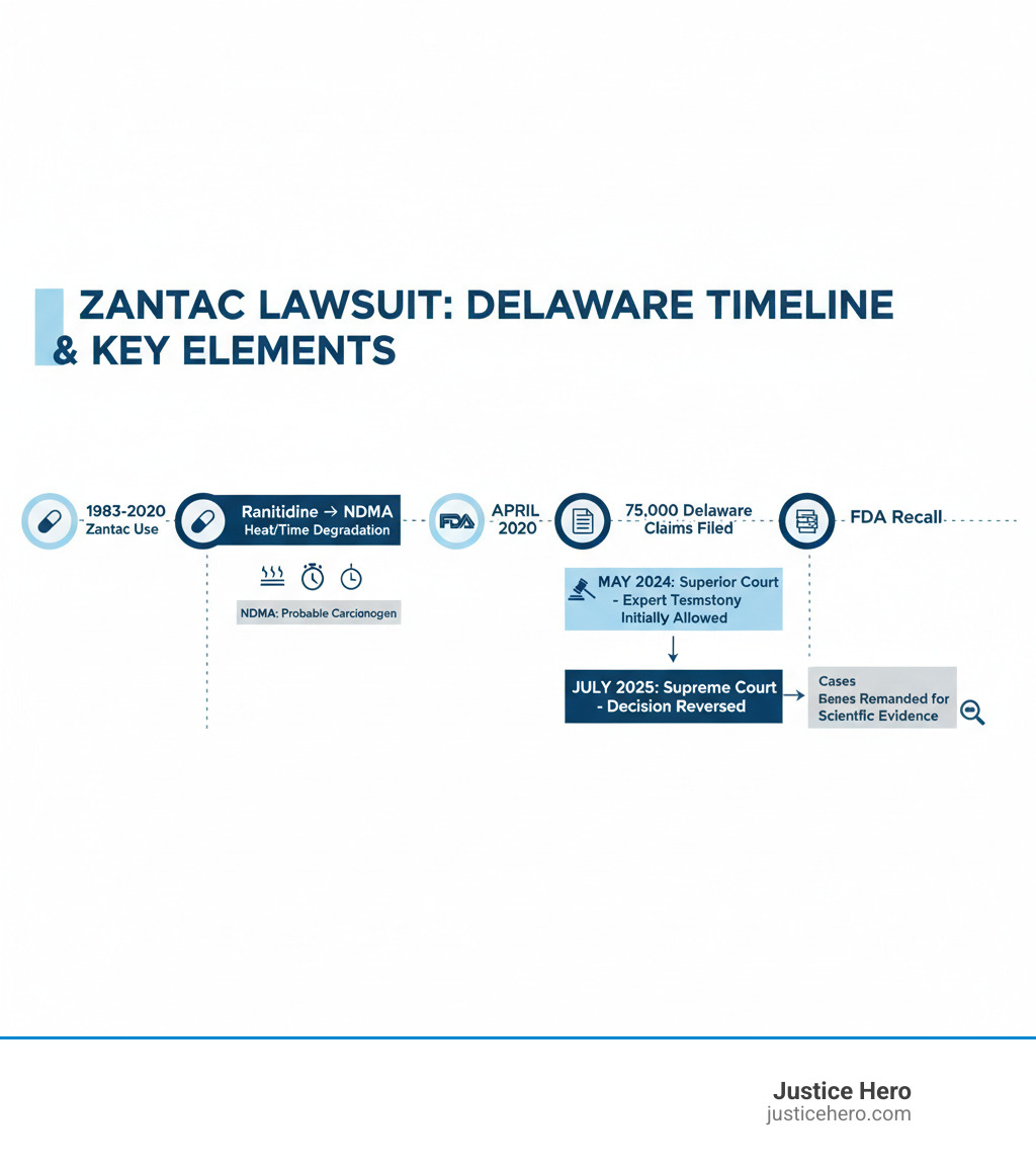 Infographic showing the timeline and key elements of the Zantac lawsuit: Zantac use from 1983-2020, ranitidine degrading into NDMA under heat or over time, NDMA classified as probable carcinogen, FDA recall in April 2020, nearly 75,000 Delaware claims filed, Superior Court initially allowed expert testimony in May 2024, Supreme Court reversed decision in July 2025, and cases now remanded for stronger scientific evidence - zantac lawsuit update delaware 2025 infographic Infographic showing the timeline and key elements of the Zantac lawsuit: Zantac use from 1983-2020, ranitidine degrading into NDMA under heat or over time, NDMA classified as probable carcinogen, FDA recall in April 2020, nearly 75,000 Delaware claims filed, Superior Court initially allowed expert testimony in May 2024, Supreme Court reversed decision in July 2025, and cases now remanded for stronger scientific evidence - zantac lawsuit update delaware 2025 infographic