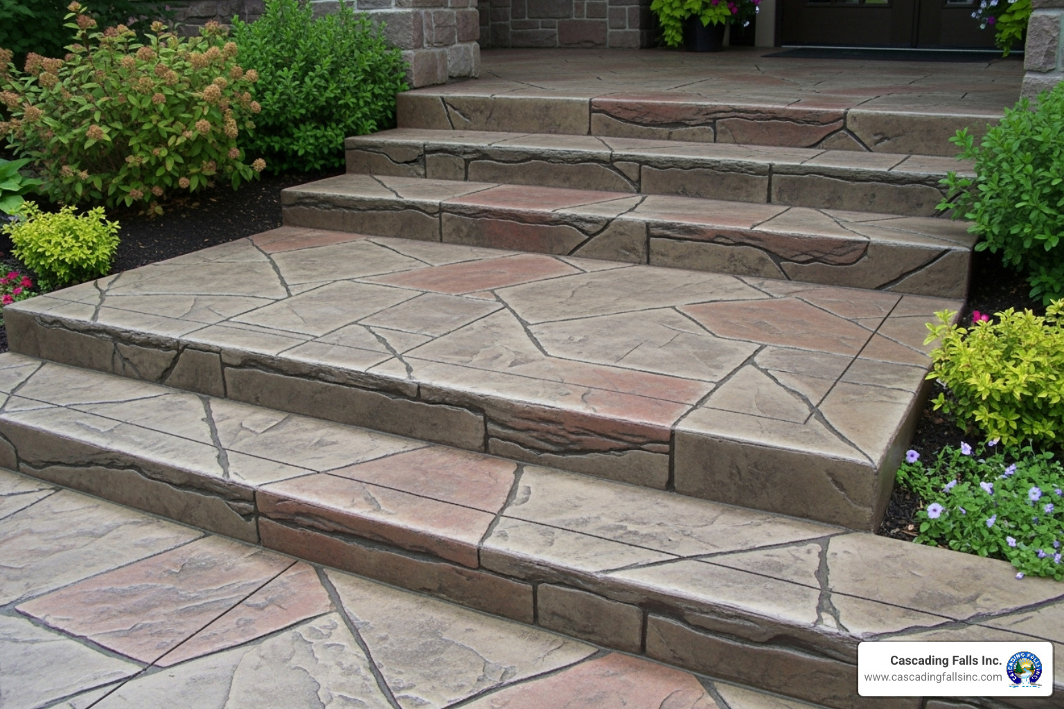 decorative stamped concrete steps mimicking natural stone - concrete steps company