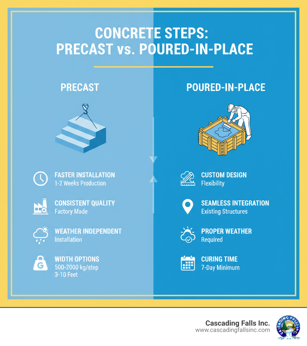Infographic comparing precast and poured-in-place concrete steps, showing precast steps (faster installation 1-2 weeks production time, consistent quality with factory manufacturing, weather independent installation, 3-10 foot width options, weights ranging from specific kg per configuration) versus poured-in-place steps (custom design flexibility, seamless integration with existing structures, site-specific adaptation, requires proper weather conditions, 7-day minimum curing time for durability) - concrete steps company infographic 