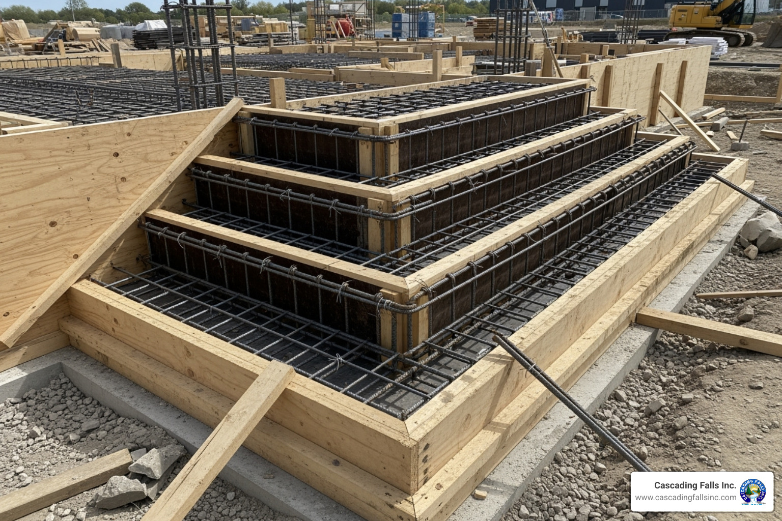 concrete step formwork with steel rebar reinforcement in place - concrete steps company