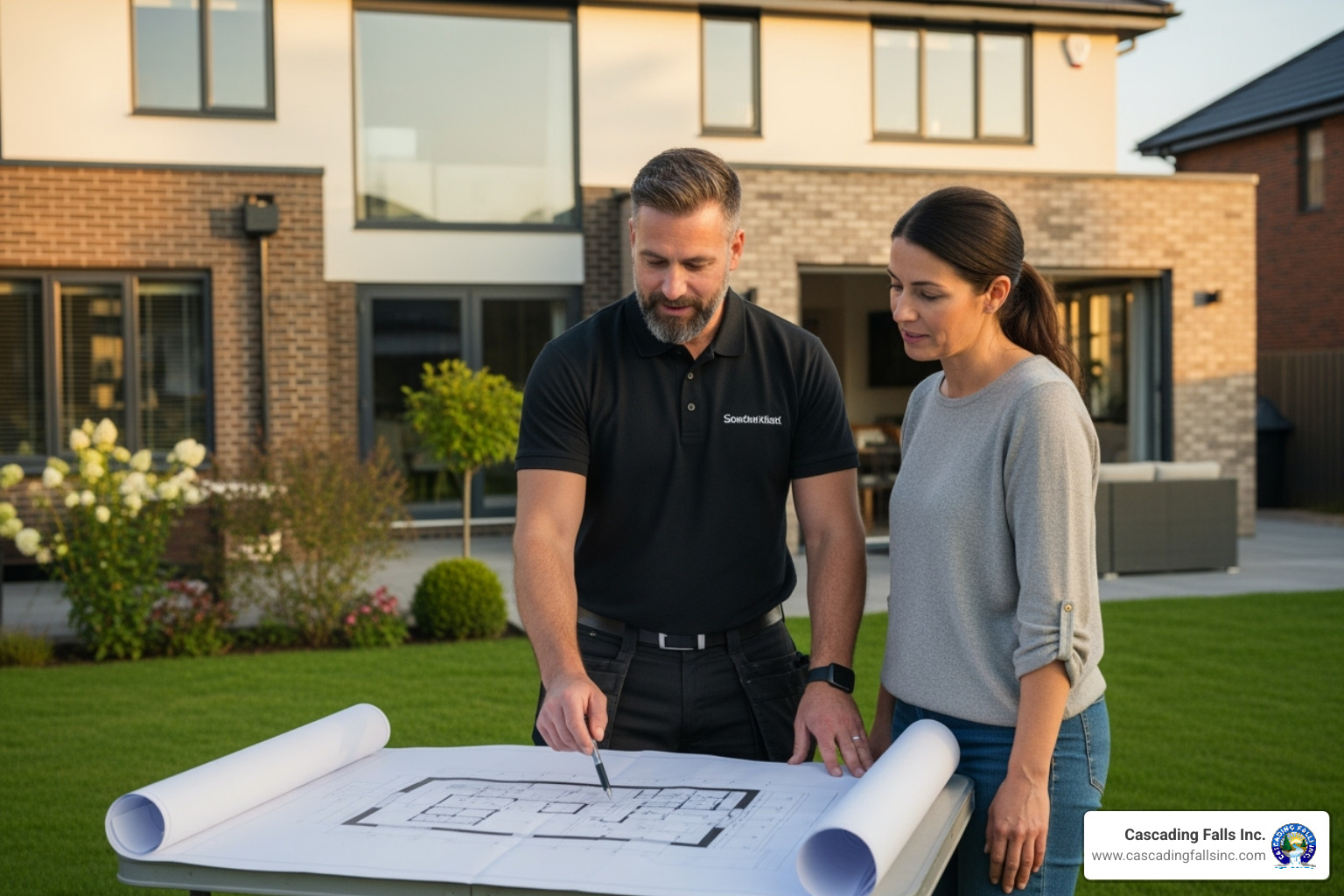 professional contractor discussing plans with a homeowner - concrete steps company