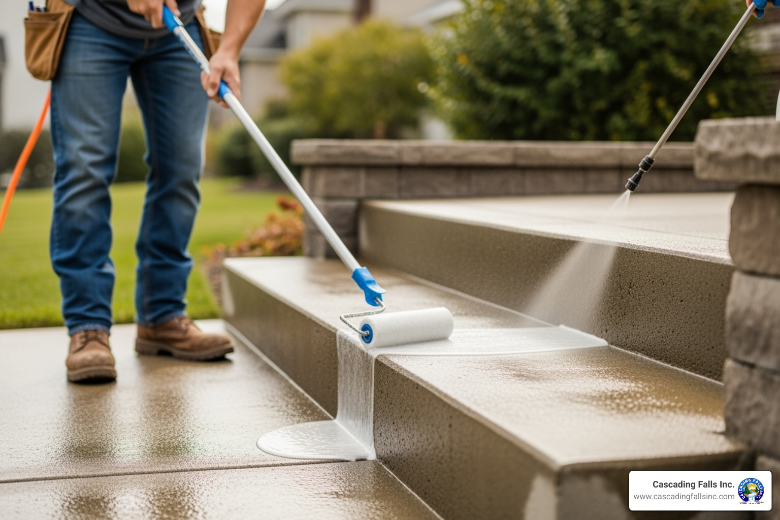 homeowner applying a penetrating sealer to their concrete steps - concrete steps company