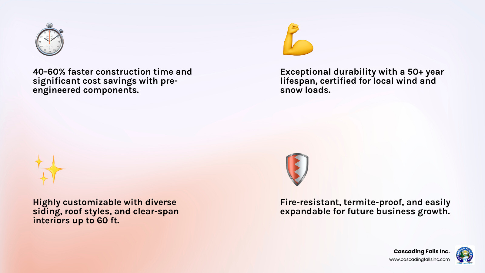 Infographic showing the benefits of commercial metal buildings: 40-60% faster construction time with pre-engineered components, 28% average cost savings, 50+ year lifespan with minimal maintenance, customizable with various siding colors and roof styles, clear-span interiors up to 60 feet wide, certified for local wind and snow loads, fire-resistant and termite-proof, and expandable for future growth - commercial metal building design ideas infographic 4_facts_emoji_light-gradient