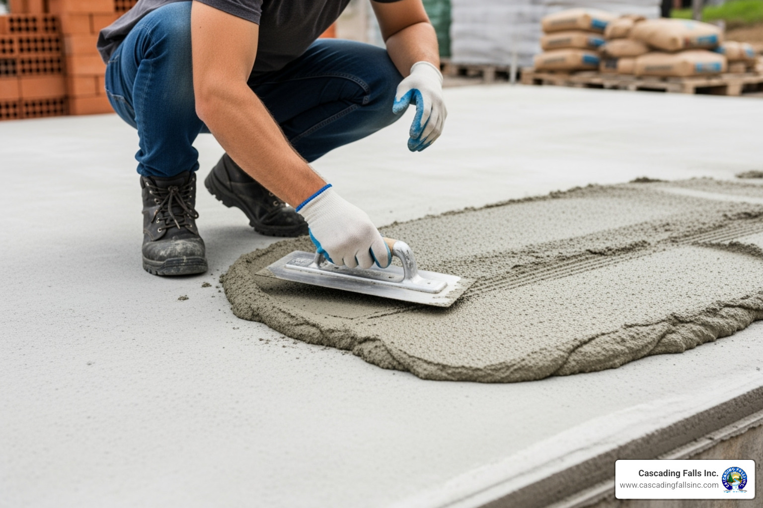 person spreading mortar on a concrete slab with a trowel - laying brick on concrete slab person spreading mortar on a concrete slab with a trowel - laying brick on concrete slab