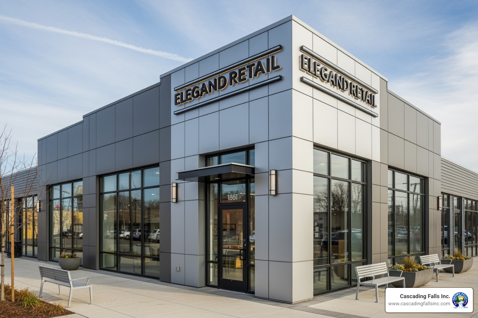 stylish metal retail building with large storefront windows - commercial metal building design ideas