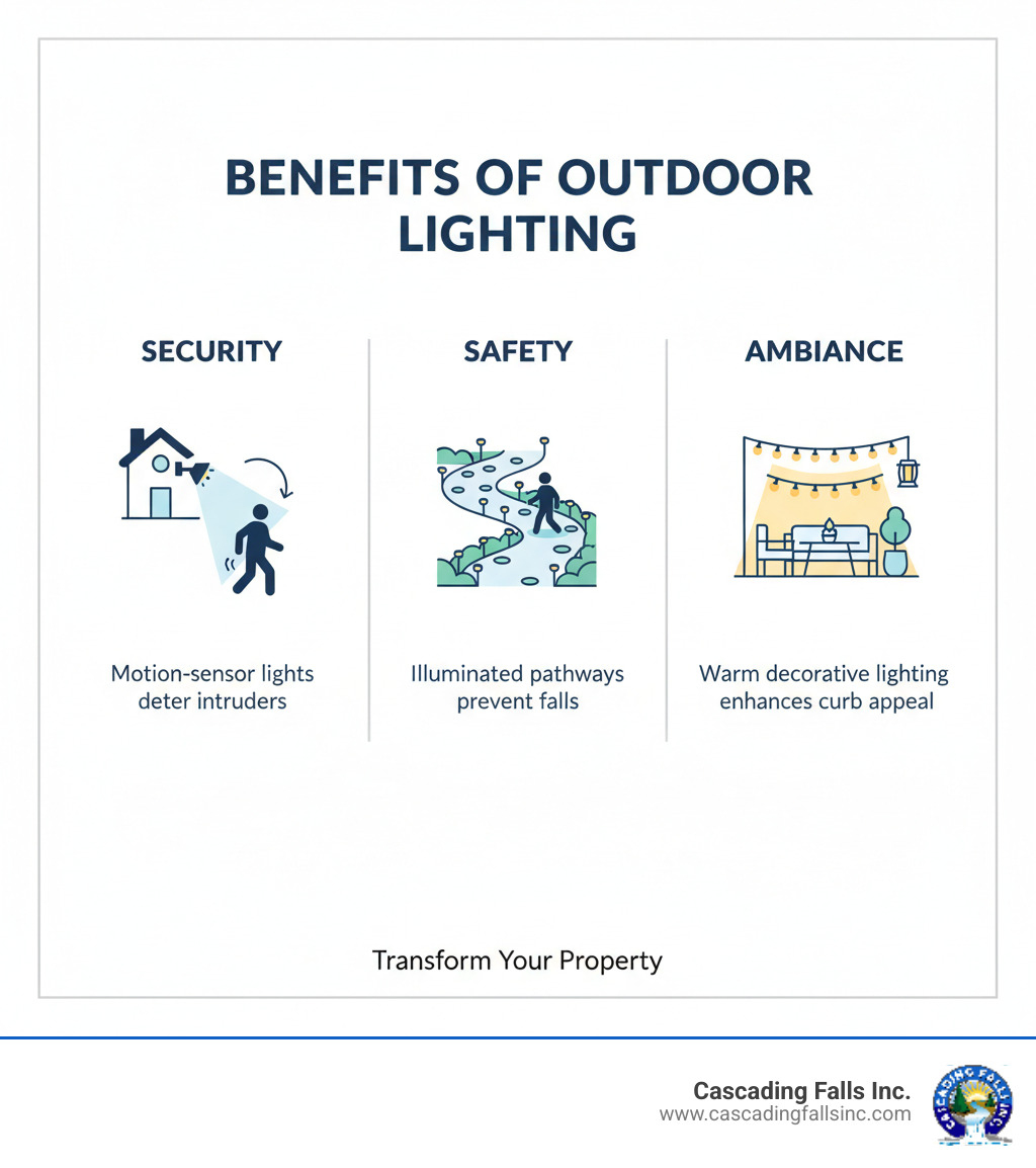 Infographic showing three main benefits of outdoor lighting: Security (motion-sensor floodlights deterring intruders), Safety (illuminated pathways preventing falls), and Ambiance (warm decorative lighting enhancing curb appeal and creating inviting outdoor spaces) - add outdoor light infographic Infographic showing three main benefits of outdoor lighting: Security (motion-sensor floodlights deterring intruders), Safety (illuminated pathways preventing falls), and Ambiance (warm decorative lighting enhancing curb appeal and creating inviting outdoor spaces) - add outdoor light infographic