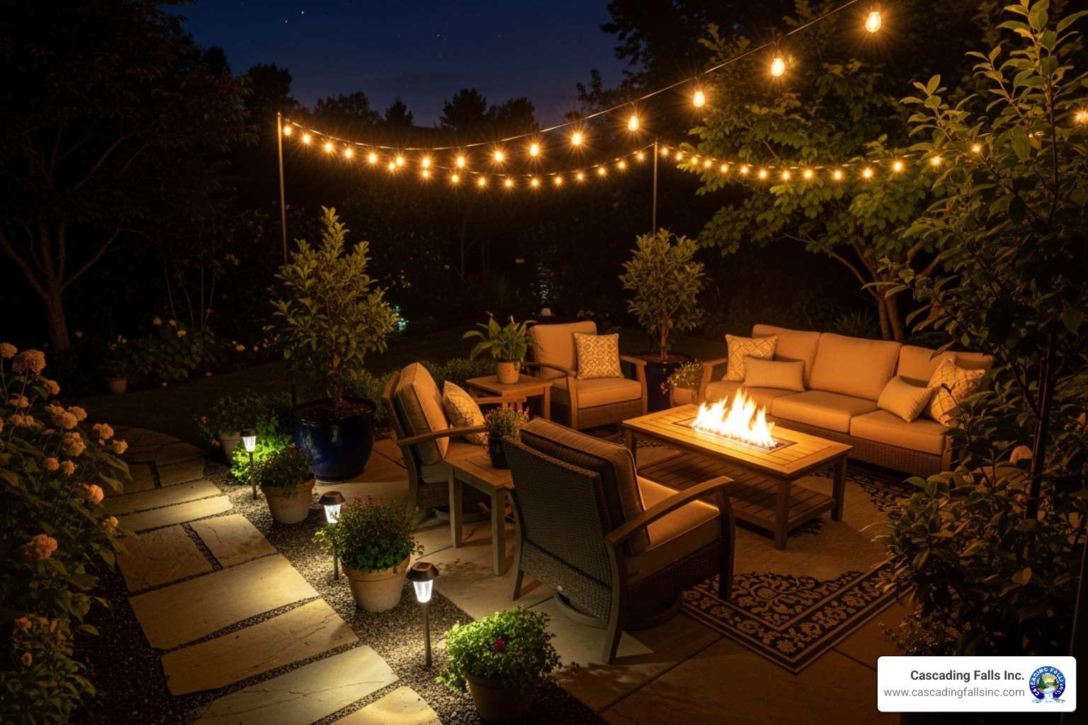 Patio with solar path lights and string lights - add outdoor light Patio with solar path lights and string lights - add outdoor light