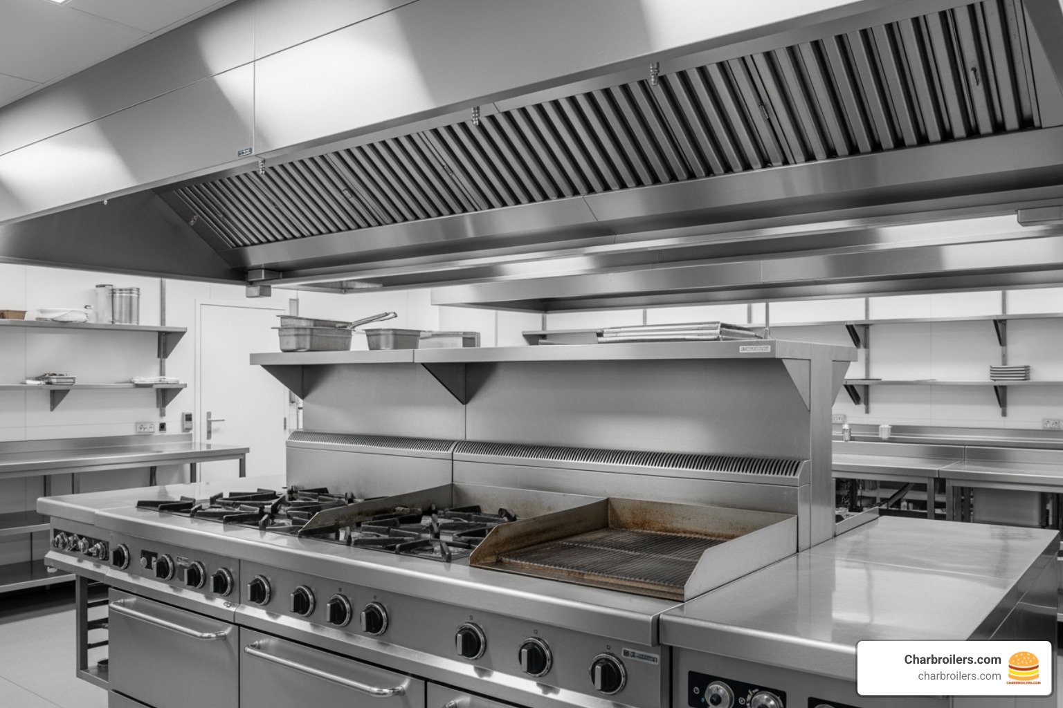 Properly installed commercial range with large ventilation hood - 6 burner commercial stove with griddle