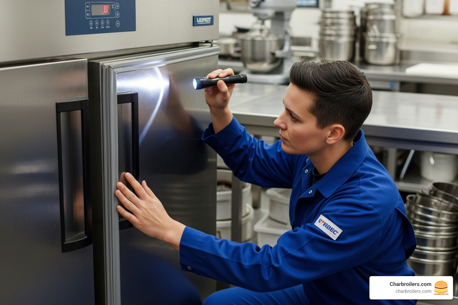 Person inspecting commercial refrigerator seals - used commercial refrigerator