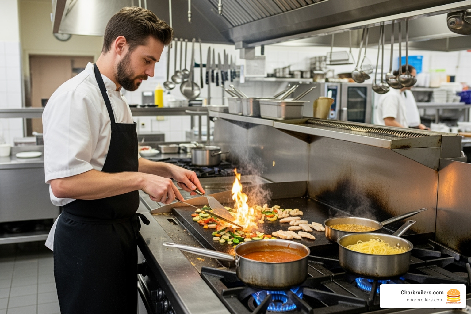 Chef searing on griddle and simmering sauces on burners - 6 burner commercial stove with griddle