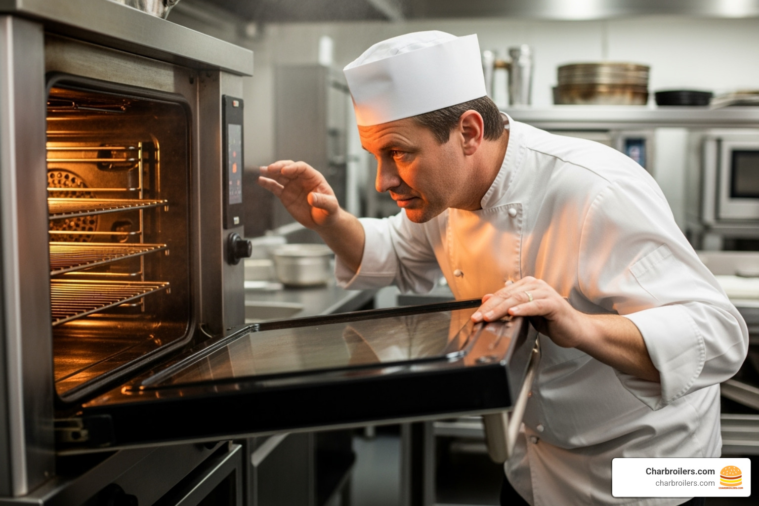 chef inspecting interior of commercial gas convection oven - commercial gas convection oven chef inspecting interior of commercial gas convection oven - commercial gas convection oven