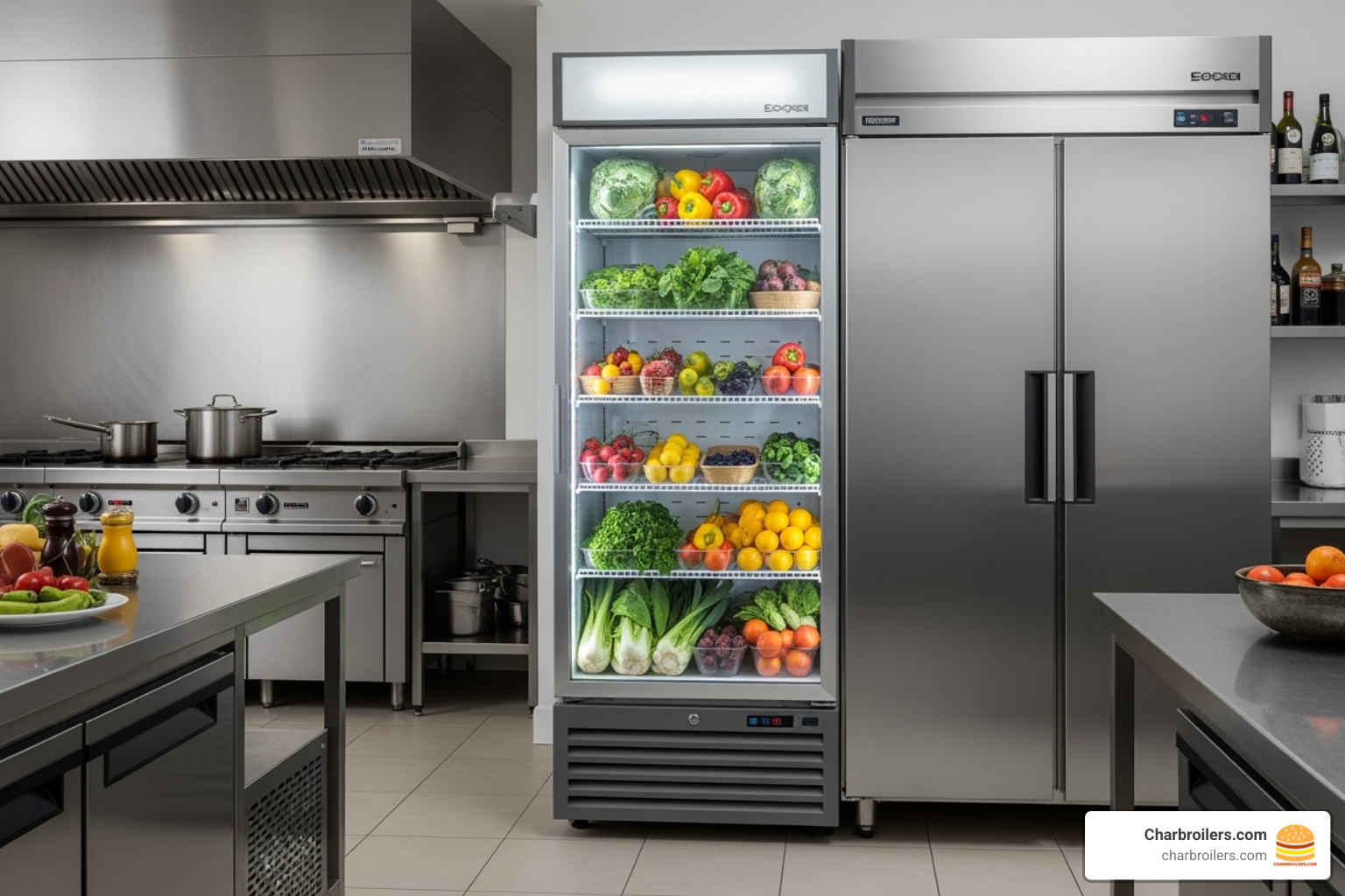glass door combo unit displaying colorful produce and a solid door unit in a busy kitchen - commercial refrigerator freezer combo glass door combo unit displaying colorful produce and a solid door unit in a busy kitchen - commercial refrigerator freezer combo