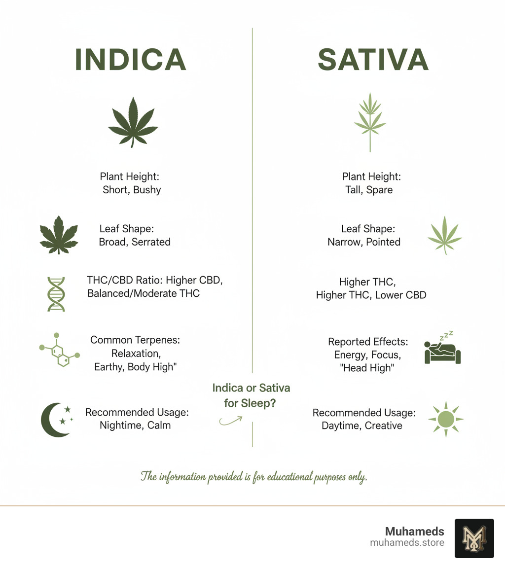 infographic comparing indica and sativa characteristics including plant height, leaf shape, typical THC/CBD ratios, common terpenes like myrcene and limonene, reported effects on energy versus relaxation, and recommended usage times - does indica or sativa make you sleepy infographic 