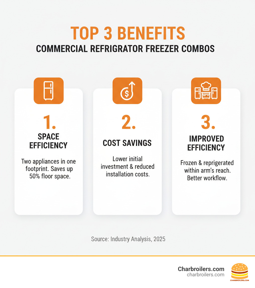Infographic showing the top 3 benefits of commercial refrigerator freezer combos: 1. Space Efficiency - combines two appliances into one footprint, saving up to 50% of floor space compared to separate units; 2. Cost Savings - lower initial investment than buying separate refrigerator and freezer units, plus reduced installation costs; 3. Improved Kitchen Efficiency - keeps both frozen and refrigerated items within arm's reach, reducing steps and improving workflow during busy service times - commercial refrigerator freezer combo infographic Infographic showing the top 3 benefits of commercial refrigerator freezer combos: 1. Space Efficiency - combines two appliances into one footprint, saving up to 50% of floor space compared to separate units; 2. Cost Savings - lower initial investment than buying separate refrigerator and freezer units, plus reduced installation costs; 3. Improved Kitchen Efficiency - keeps both frozen and refrigerated items within arm's reach, reducing steps and improving workflow during busy service times - commercial refrigerator freezer combo infographic